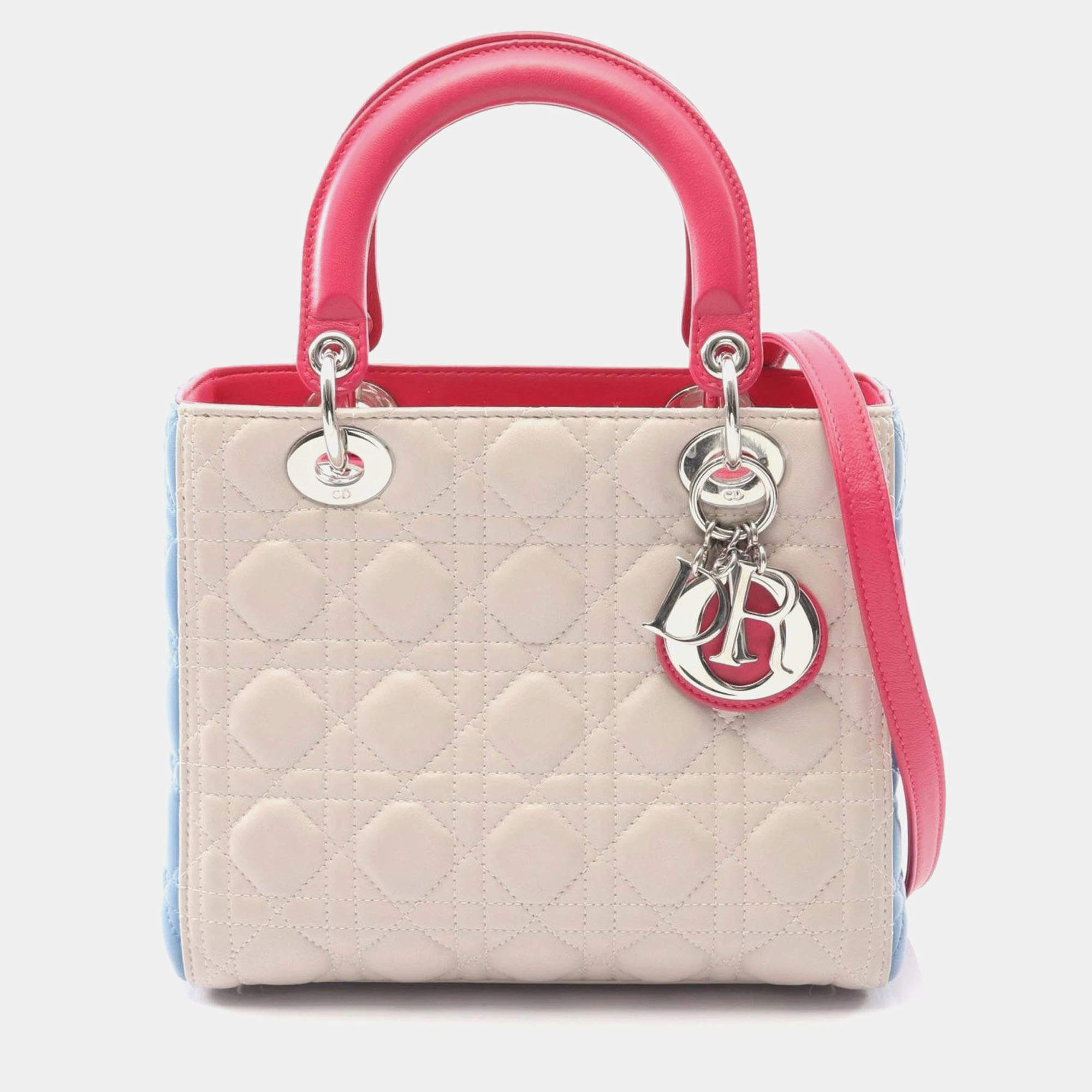 مملوكة مسبقًا حقيبة كريستيان ديور ليدي كاناج جلد بيج أزرق وردي