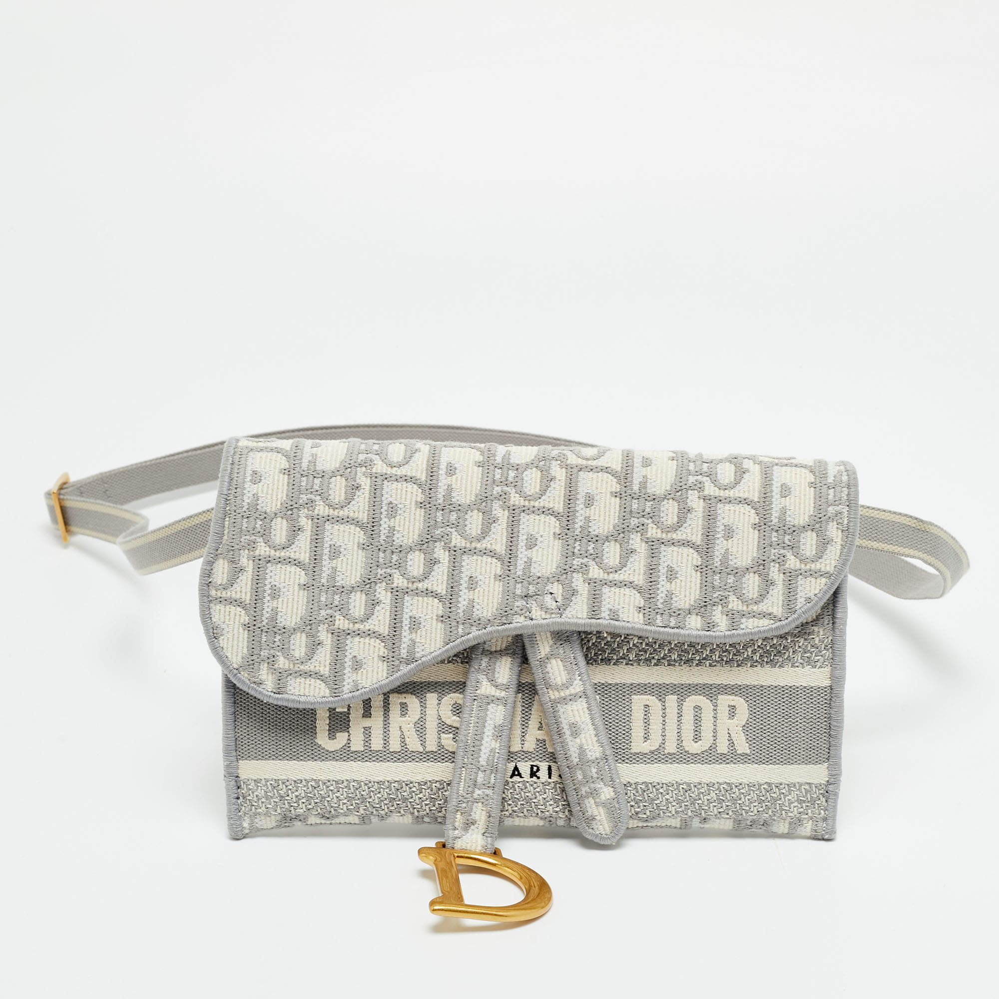 Pre Owned Dior Saddle Grey/White Oblique Canvas Belt Bag