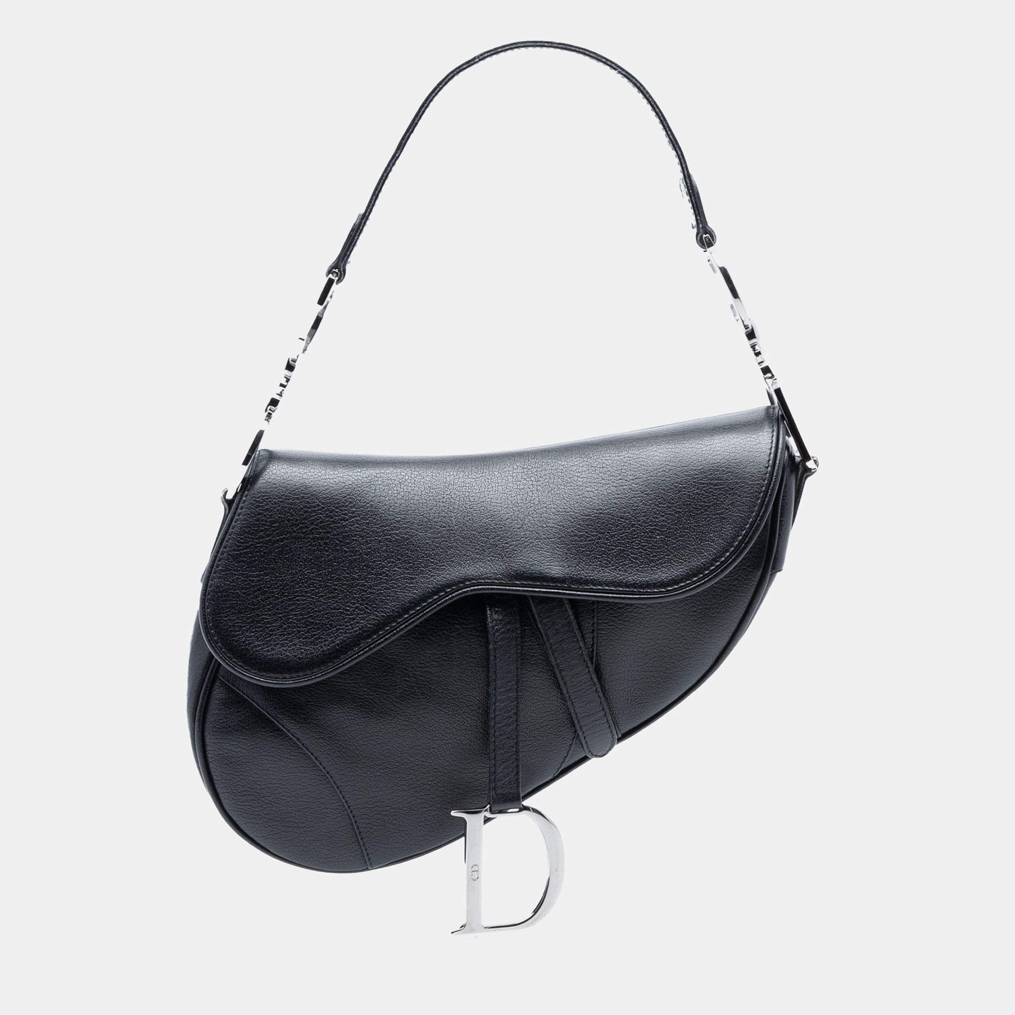 Pre Owned Dior Black Shiny Goatskin Saddle Bag