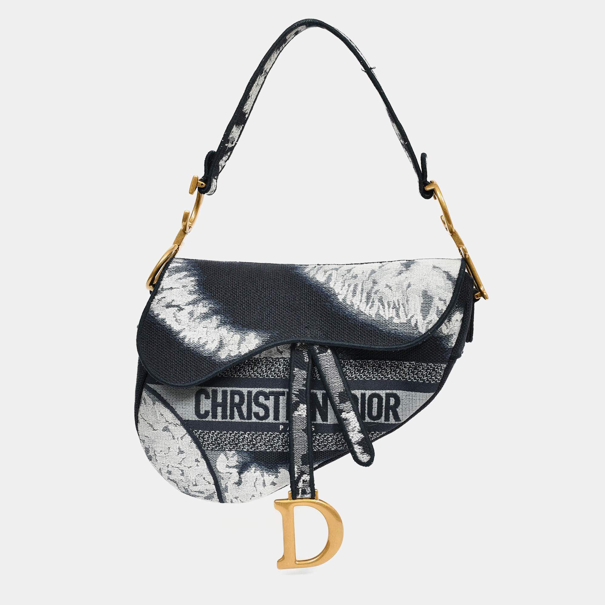 Pre Owned Christian Dior 2020 Navy Blue/White Embroidered Jacquard Saddle Bag