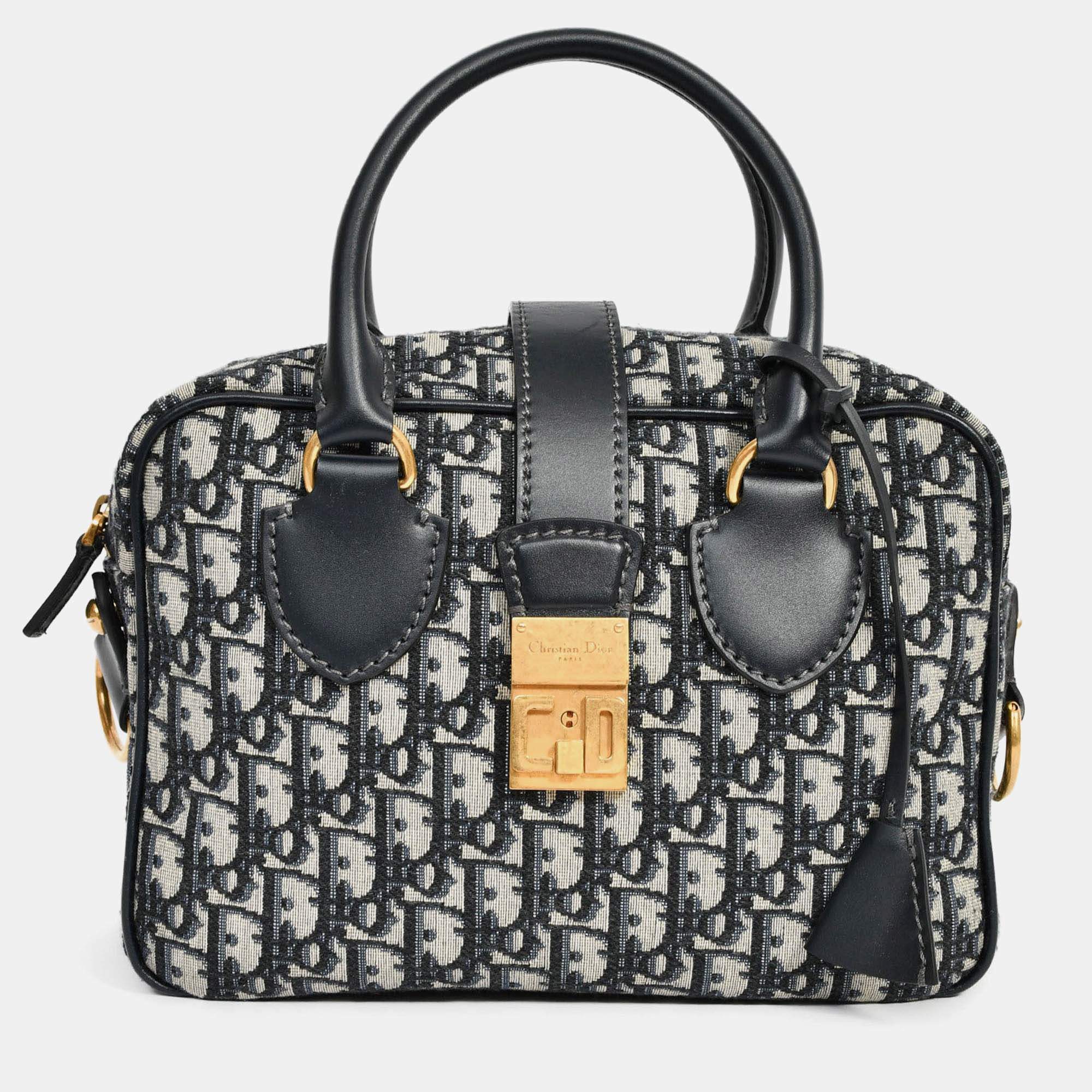 Pre Owned Christian Dior 2017 Navy Oblique Jacquard Bowling Bag with Strap