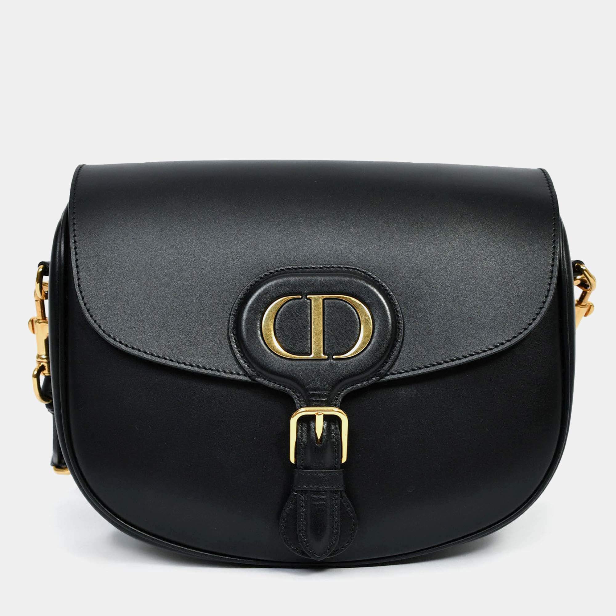 Pre Owned Christian Dior Black Leather Large Bobby Oblique Canvas Strap Crossbody Bag