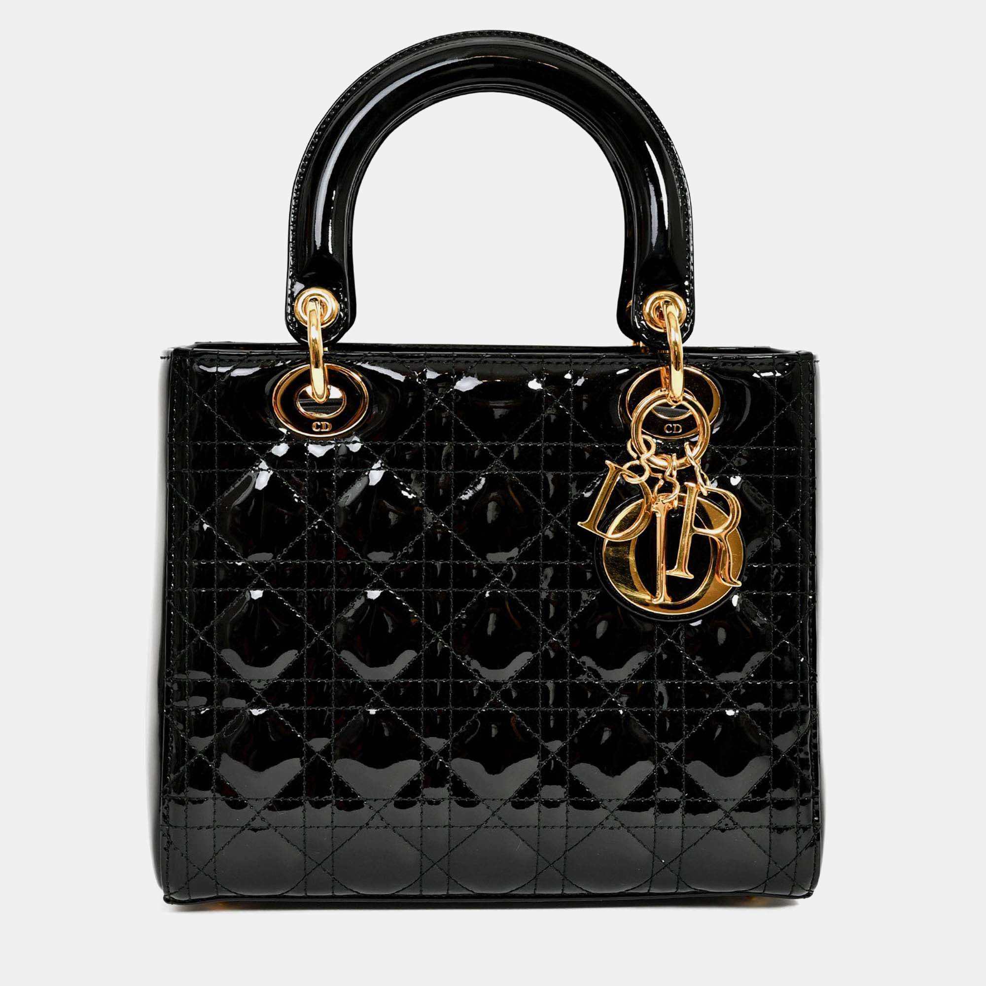 مملوكة مسبقًا Christian Dior 2017 Black Patent Cannage Medium Lady Dior Top Handle with Strap