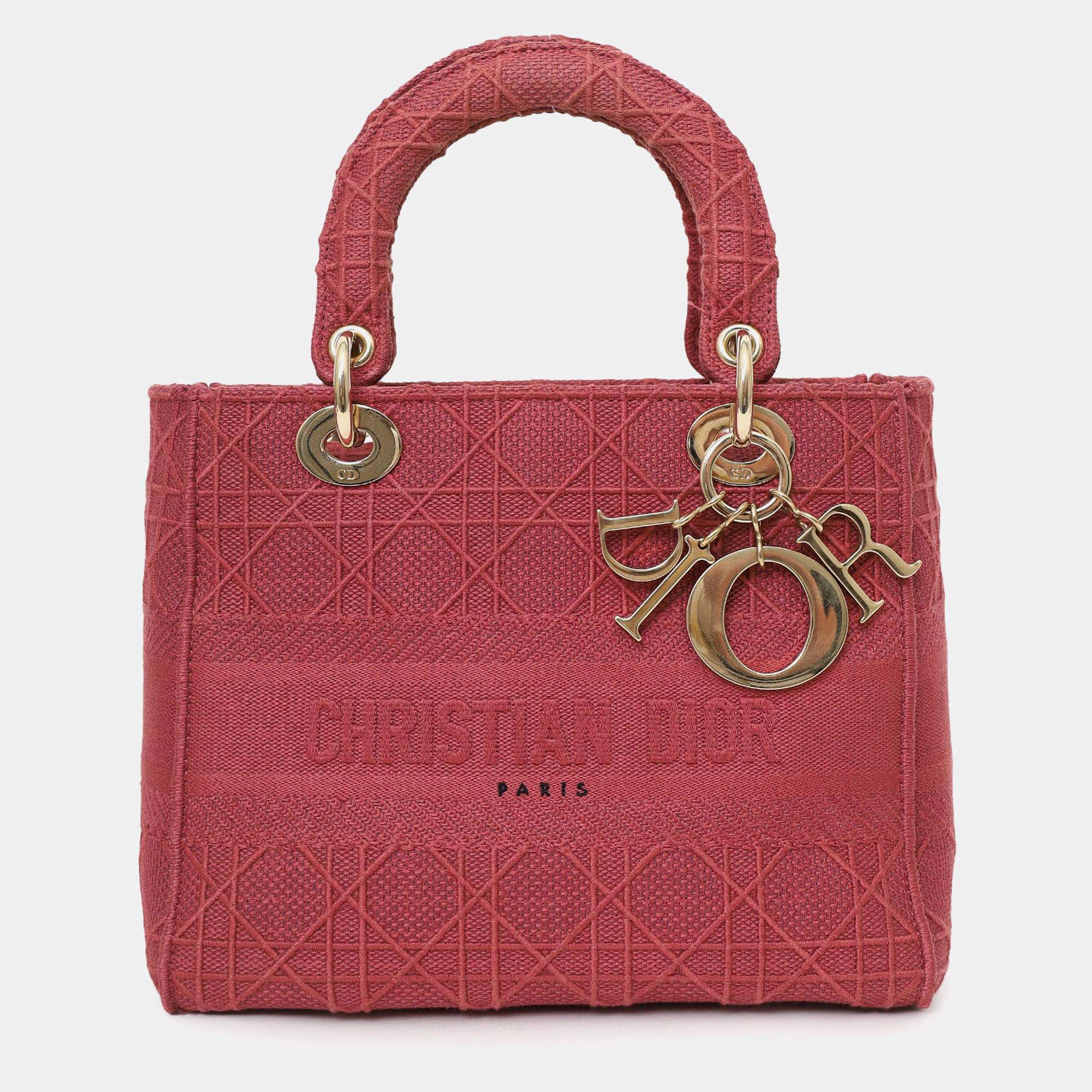 Pre Owned Christian Dior 2020 Pink Cannage Canvas Medium Lady D-Lite With Strap
