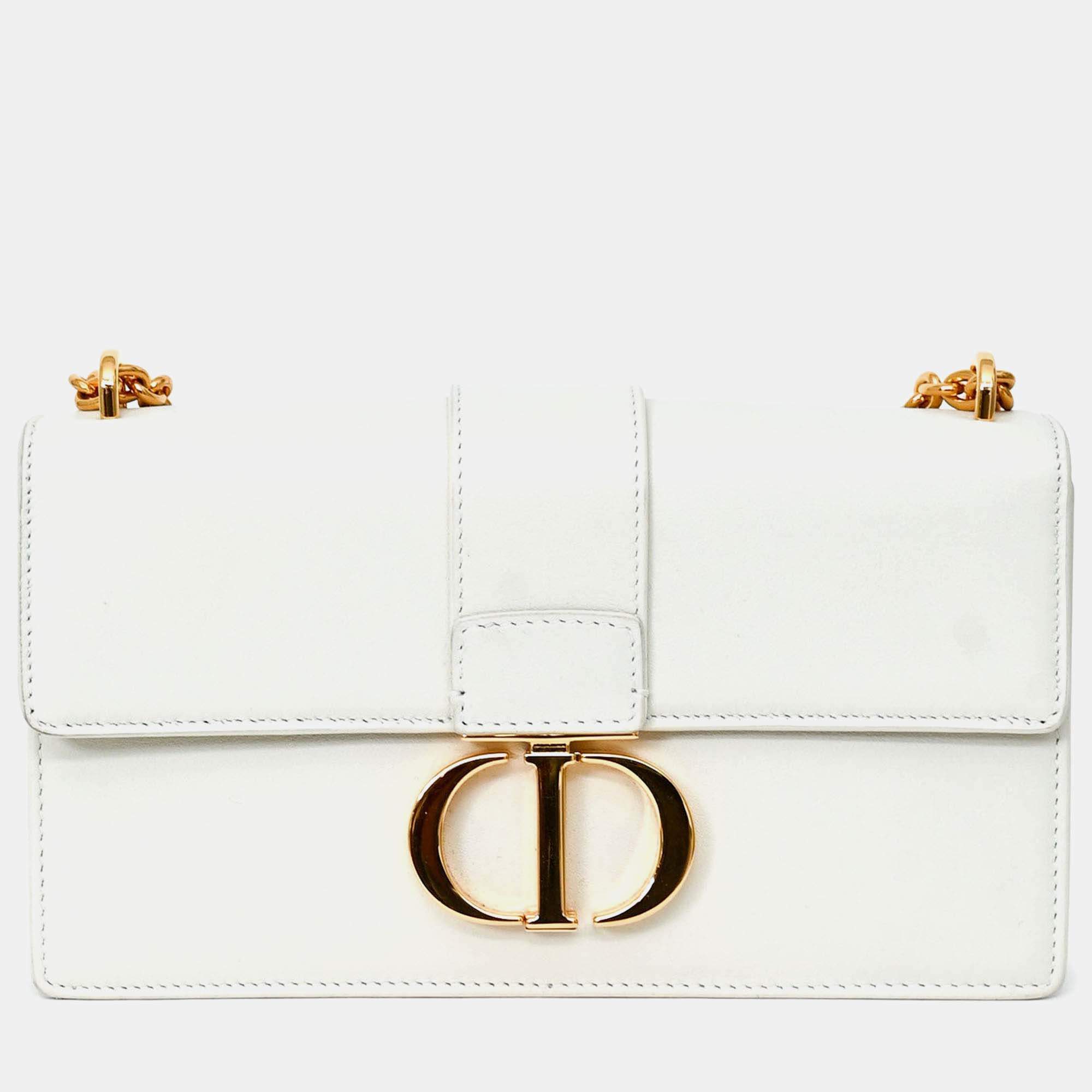 Pre Owned Christian Dior White Leather '30 Montaigne East-West' Crossbody Bag with Chain