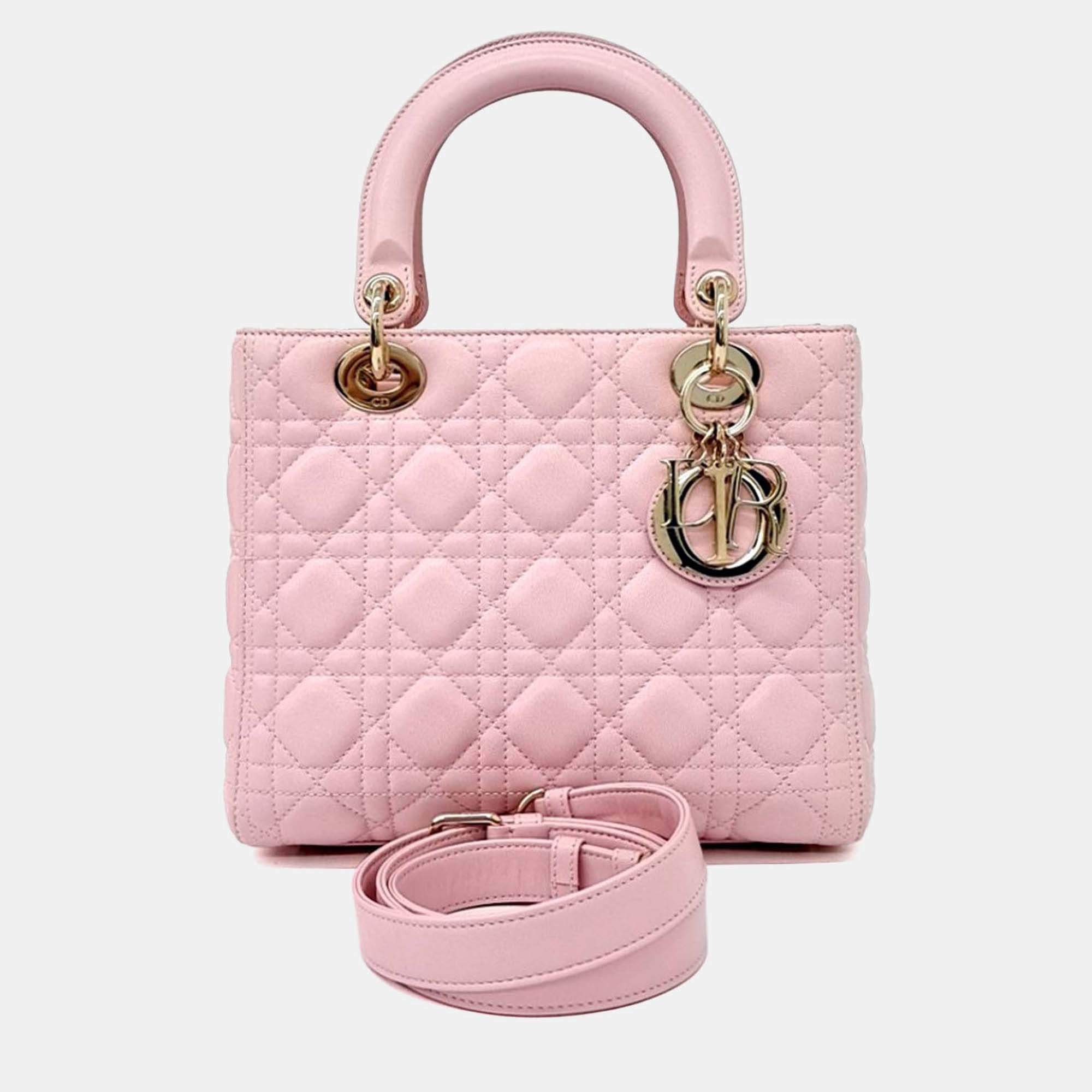 Pre Owned Dior Pink Leather Cannage Lady Bag Medium