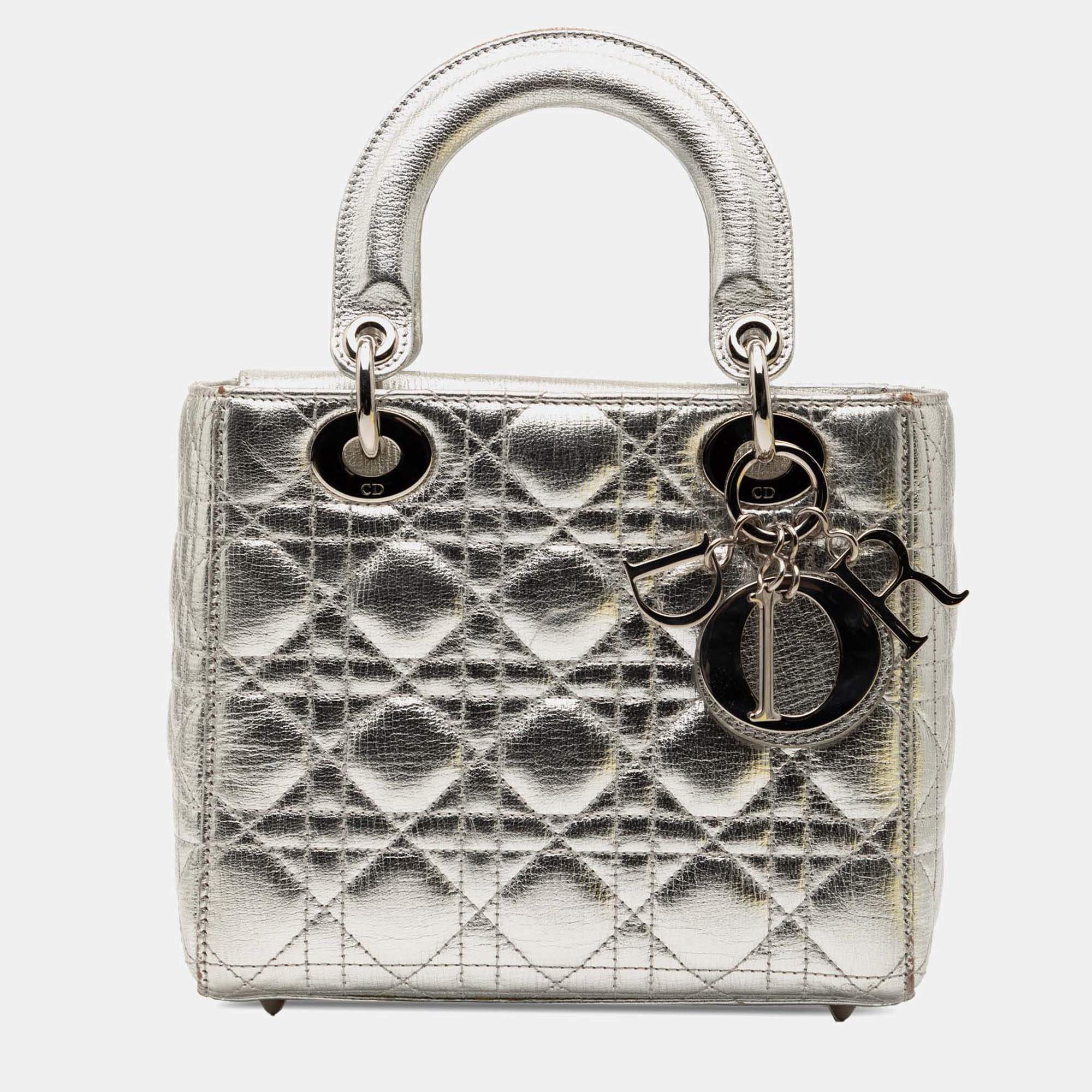 Pre Owned Dior Silver Small Metallic Grained Calfskin Cannage My ABCDior Lady Dior