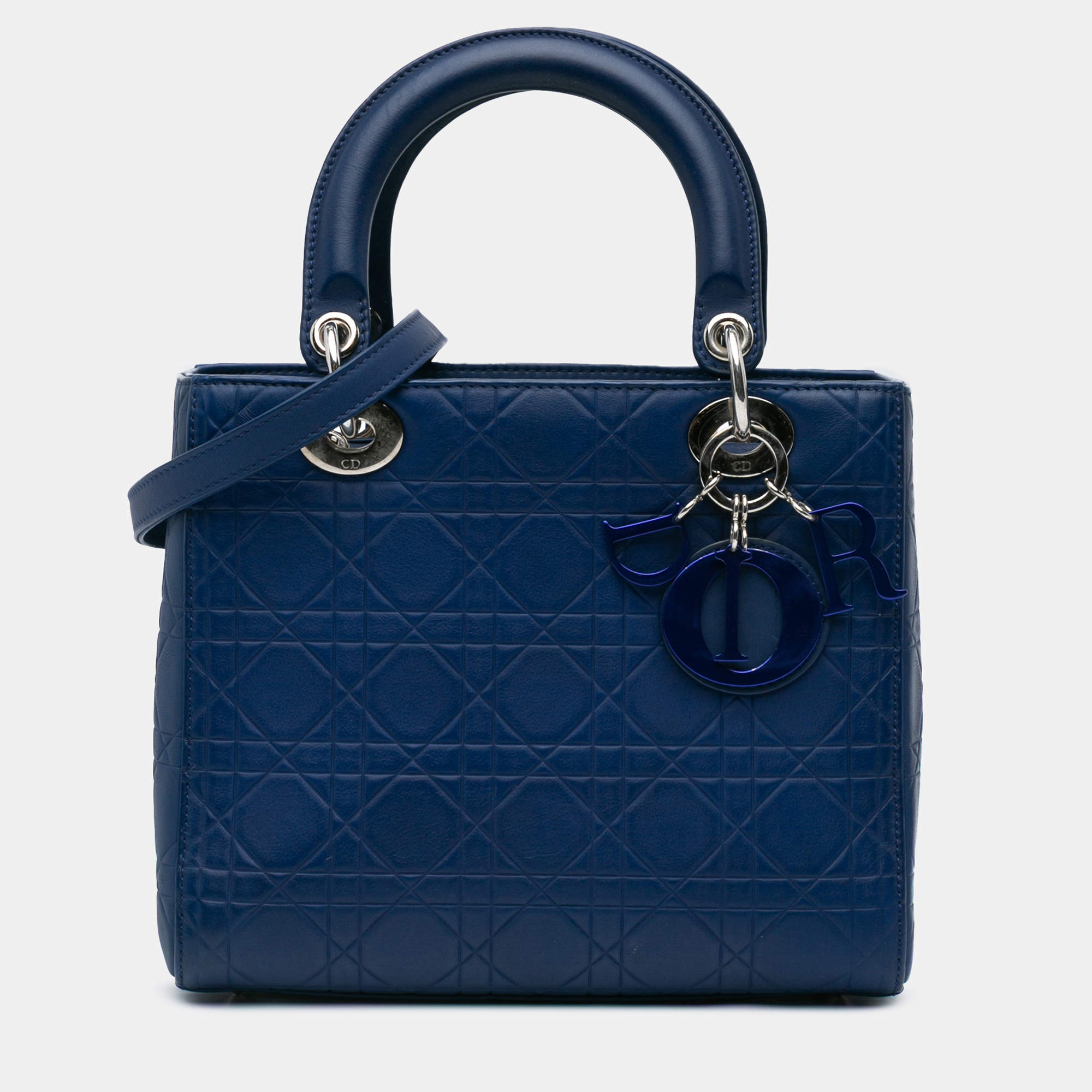 Pre Owned Dior Blue Medium Ultra Matte Calfskin Cannage Embossed Lady Dior