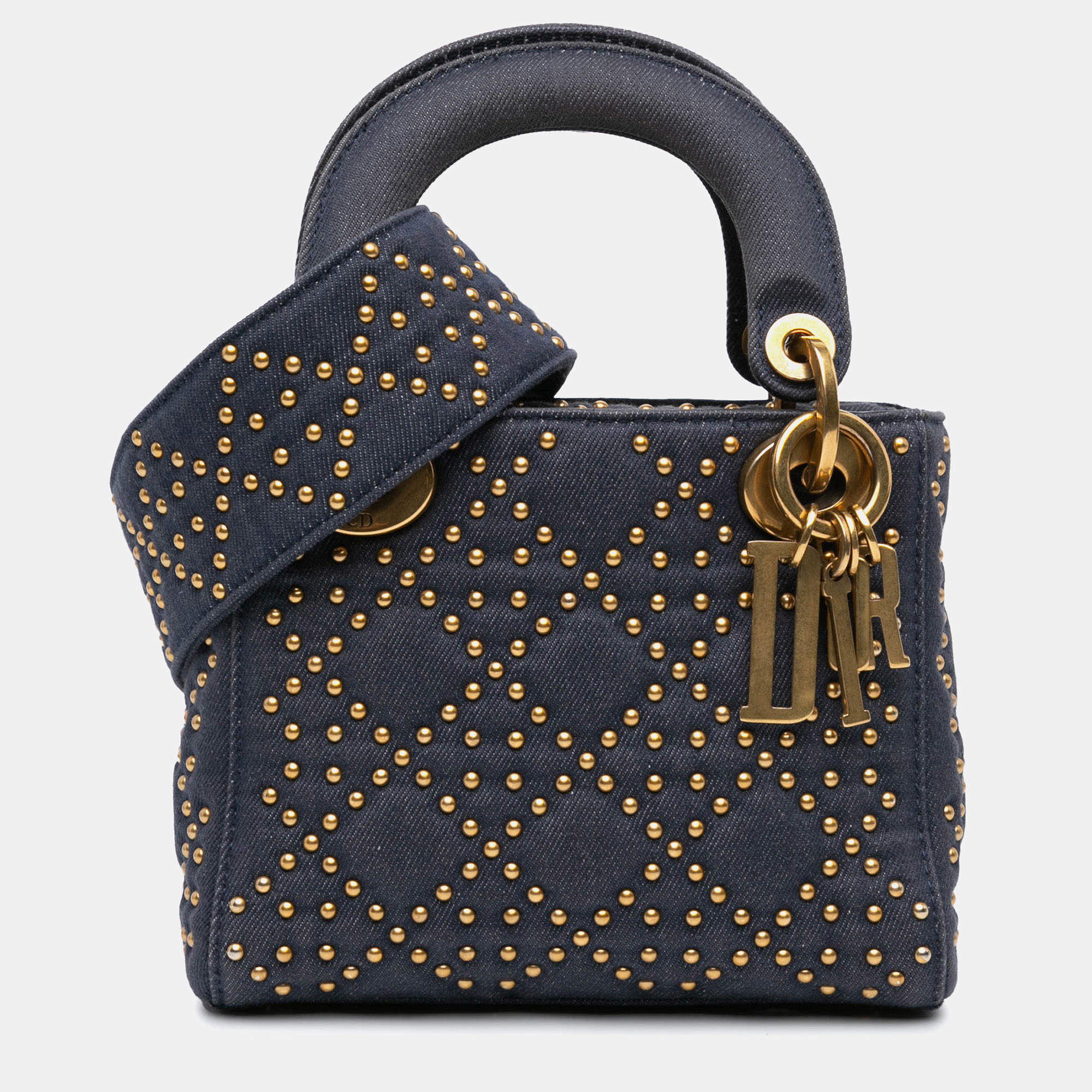 Pre Owned Dior Blue Mini Denim Cannage Studded Supple Lady Dior