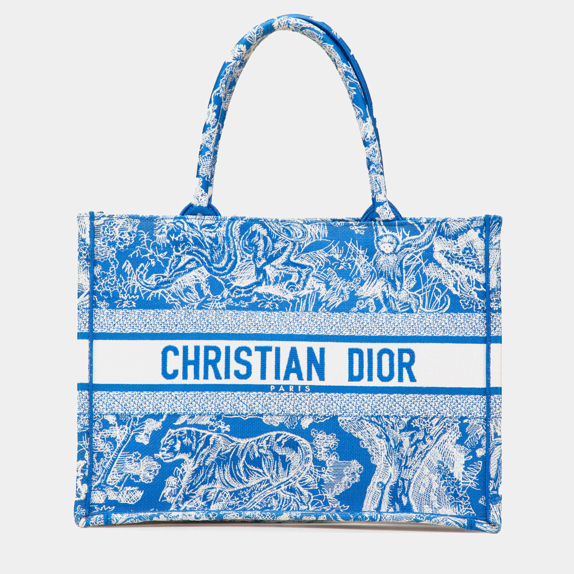 Pre Owned Dior Blue Medium Canvas Embroidered Dioriviera Toile De Jouy Book Tote