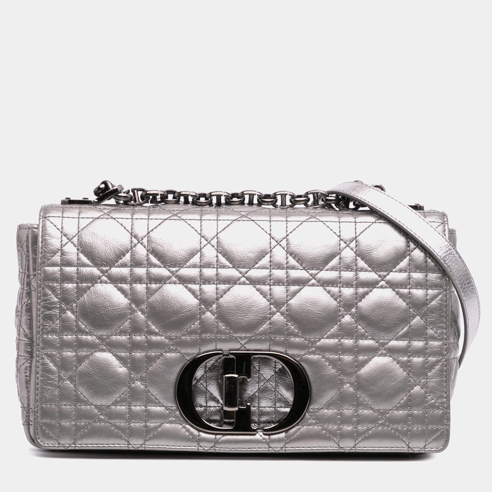 Pre Owned حقيبة كاروه ديور فضية متوسطة كالف سكين معدنية ناعمة