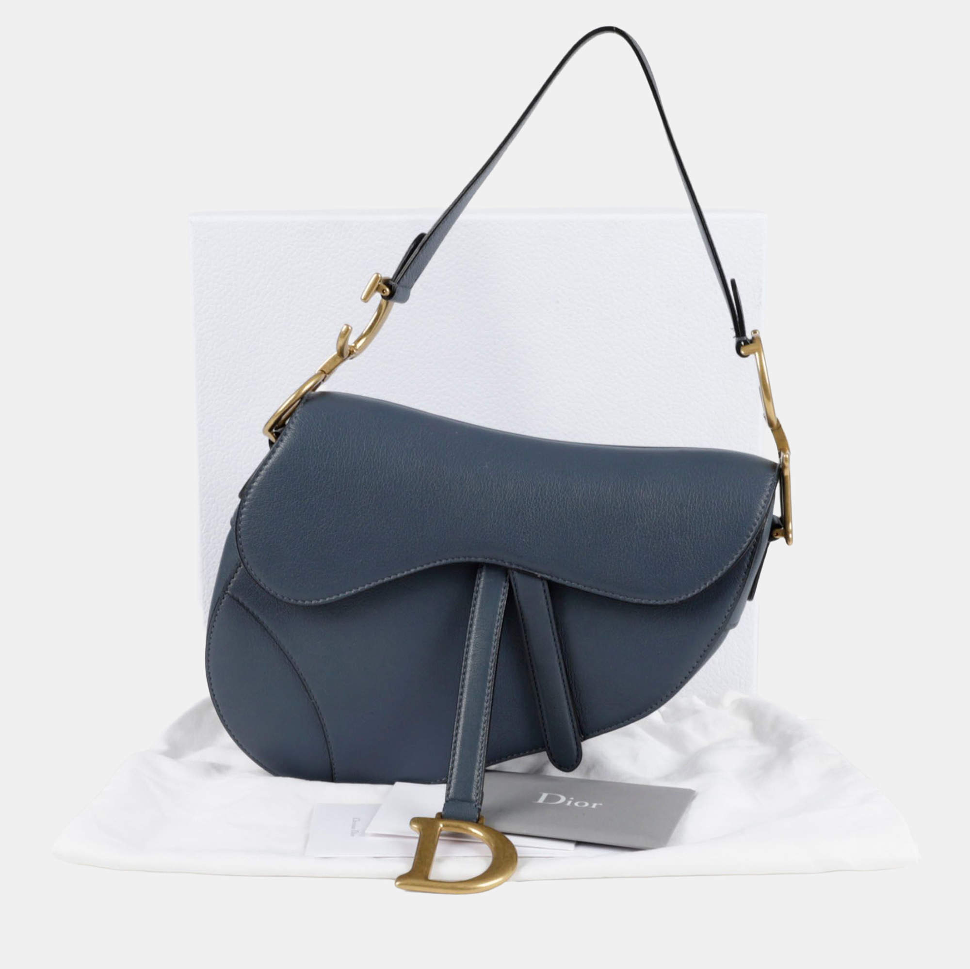 Pre Owned Dior Saddle Blue Leather Shoulder Bag
