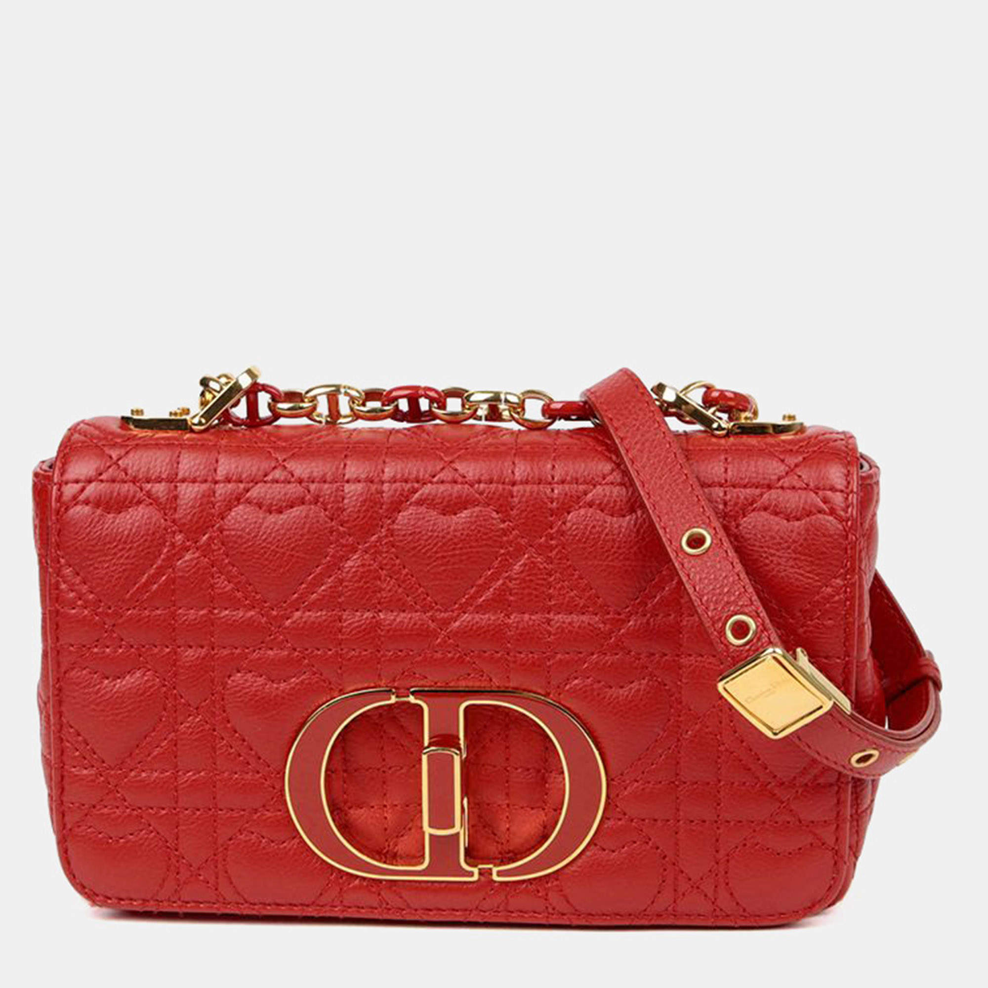 مملوكة مسبقًا Dior Caro Heart Small Red Calfskin Leather Crossbody Bag