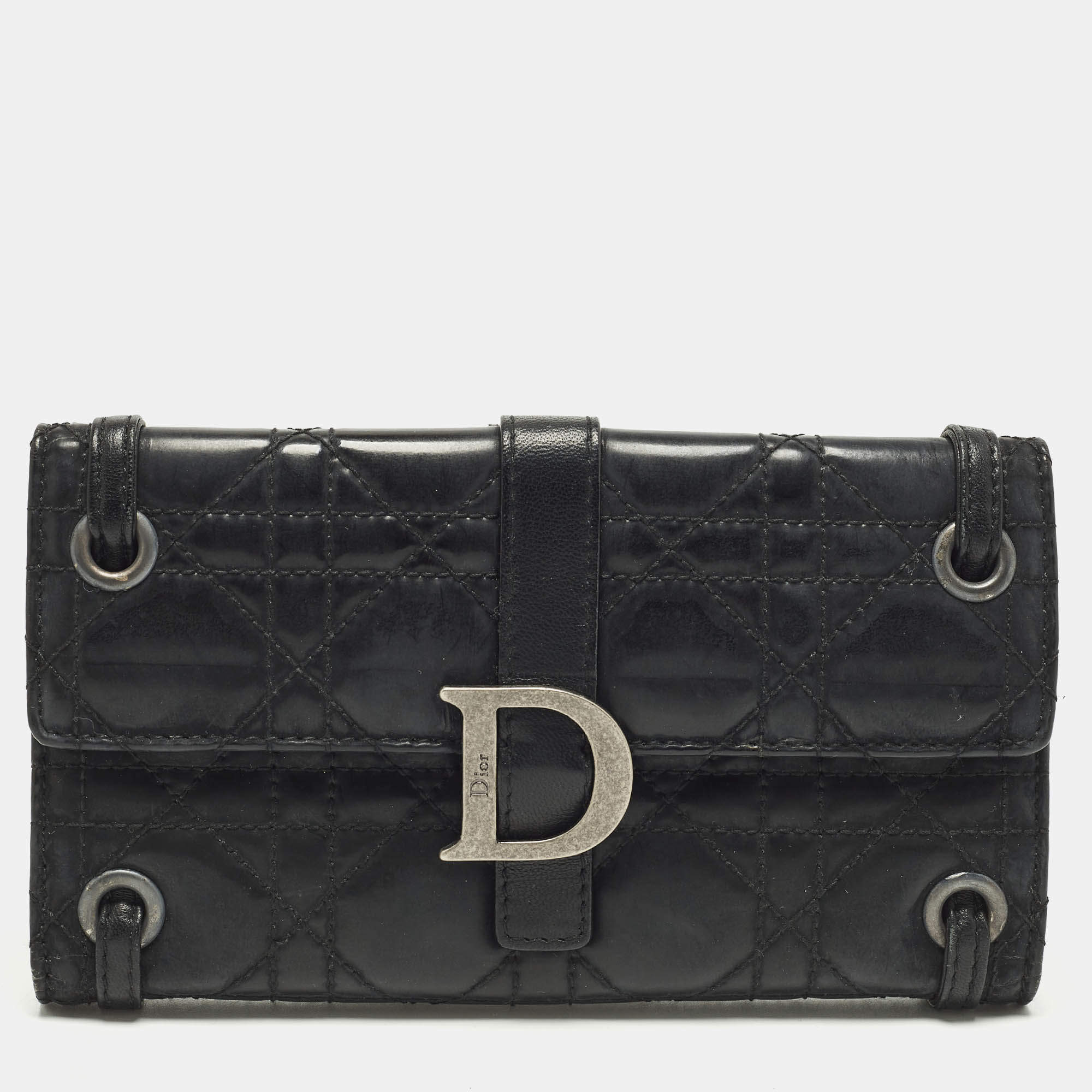Pre Owned Dior D Logo Black CannageLeather Continental Wallet