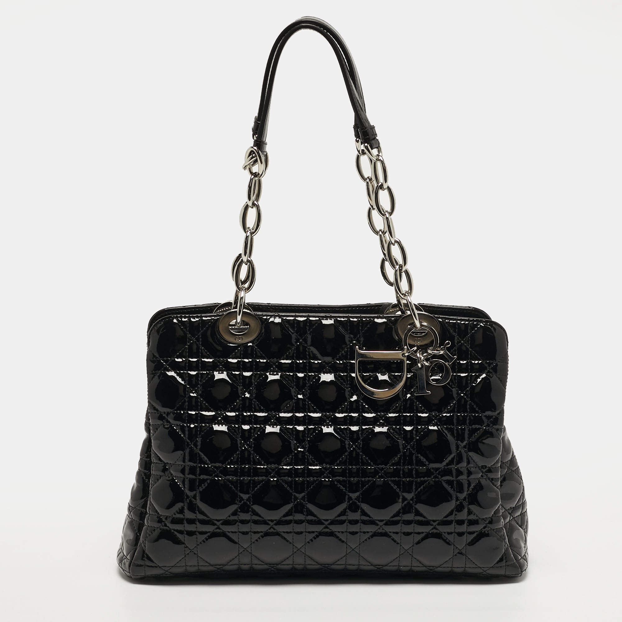 Pre Owned Dior Soft Lady Dior Medium Cannage Black Patent Leather Shopper Tote