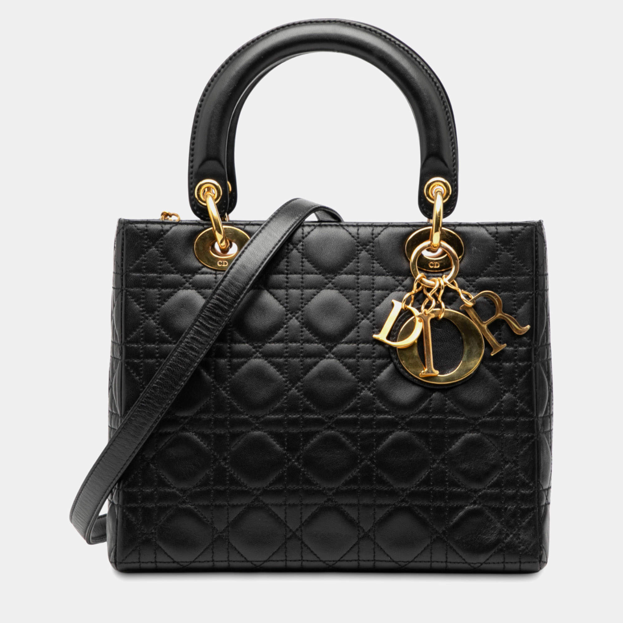 مملوكة مسبقًا Dior Black Medium Lambskin Cannage Lady Dior