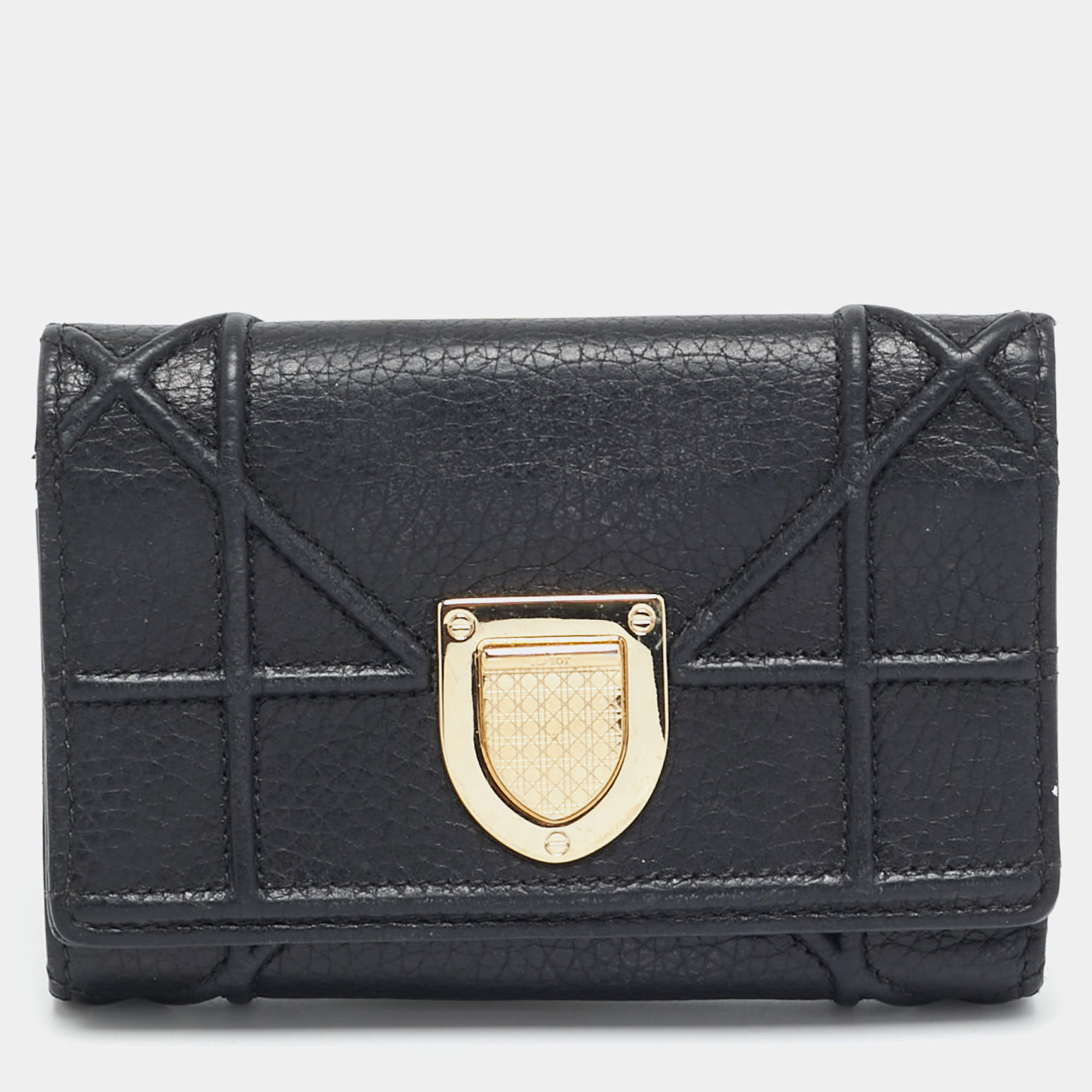 Pre Owned Dior Diorama Black Cannage Leather Compact Wallet