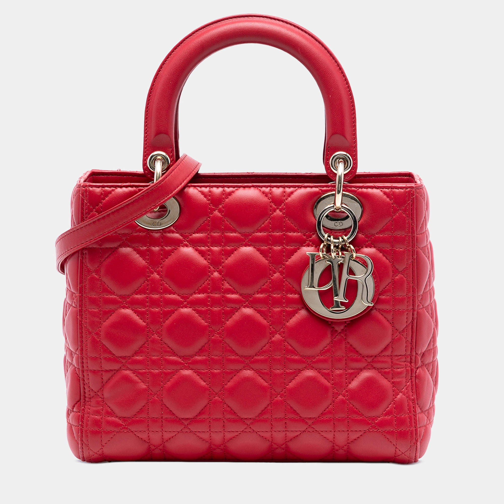 Pre Owned Dior Red Medium Lambskin Cannage Lady Dior