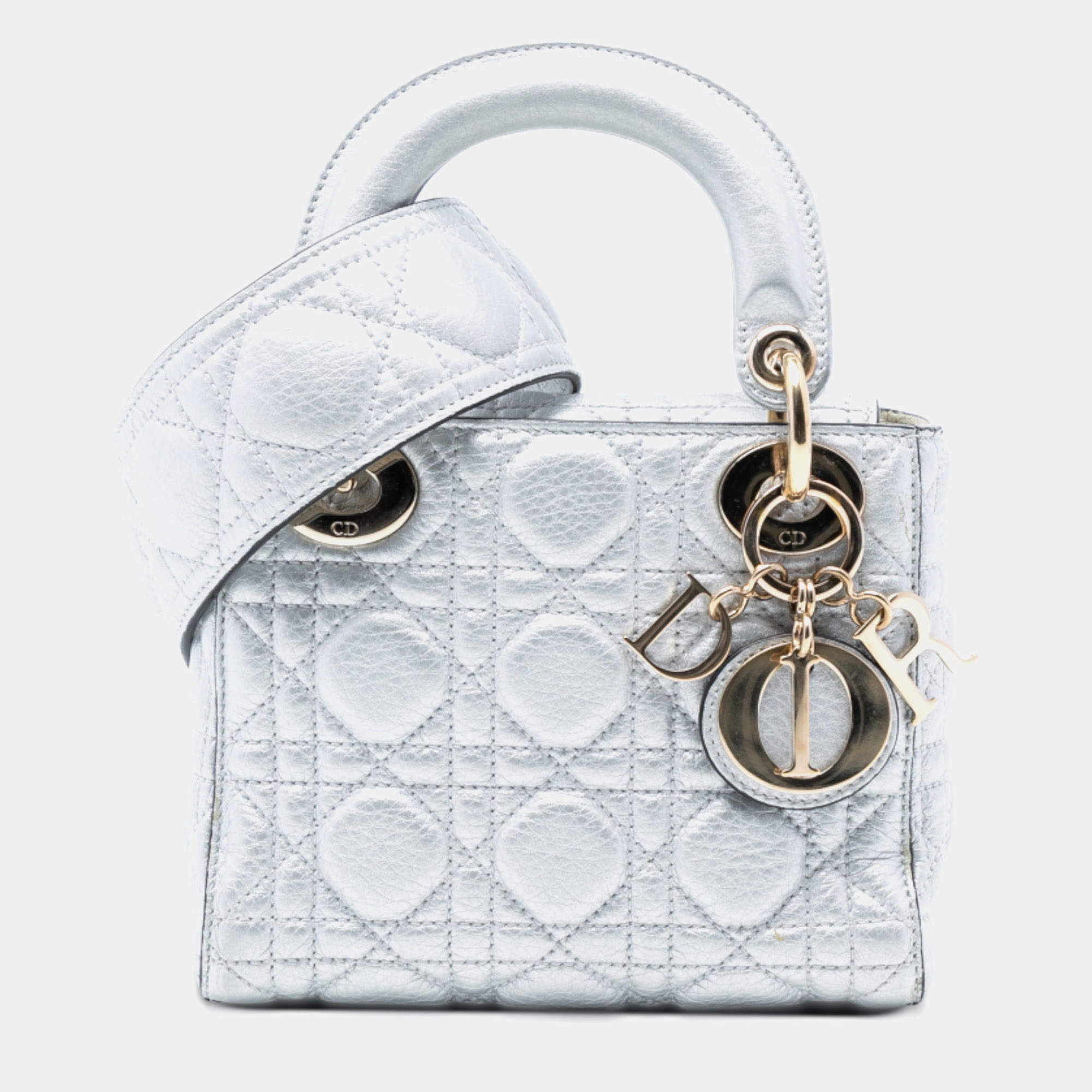 مملوكة مسبقًا Dior Silver Mini Metallic Lambskin Cannage Lady Dior