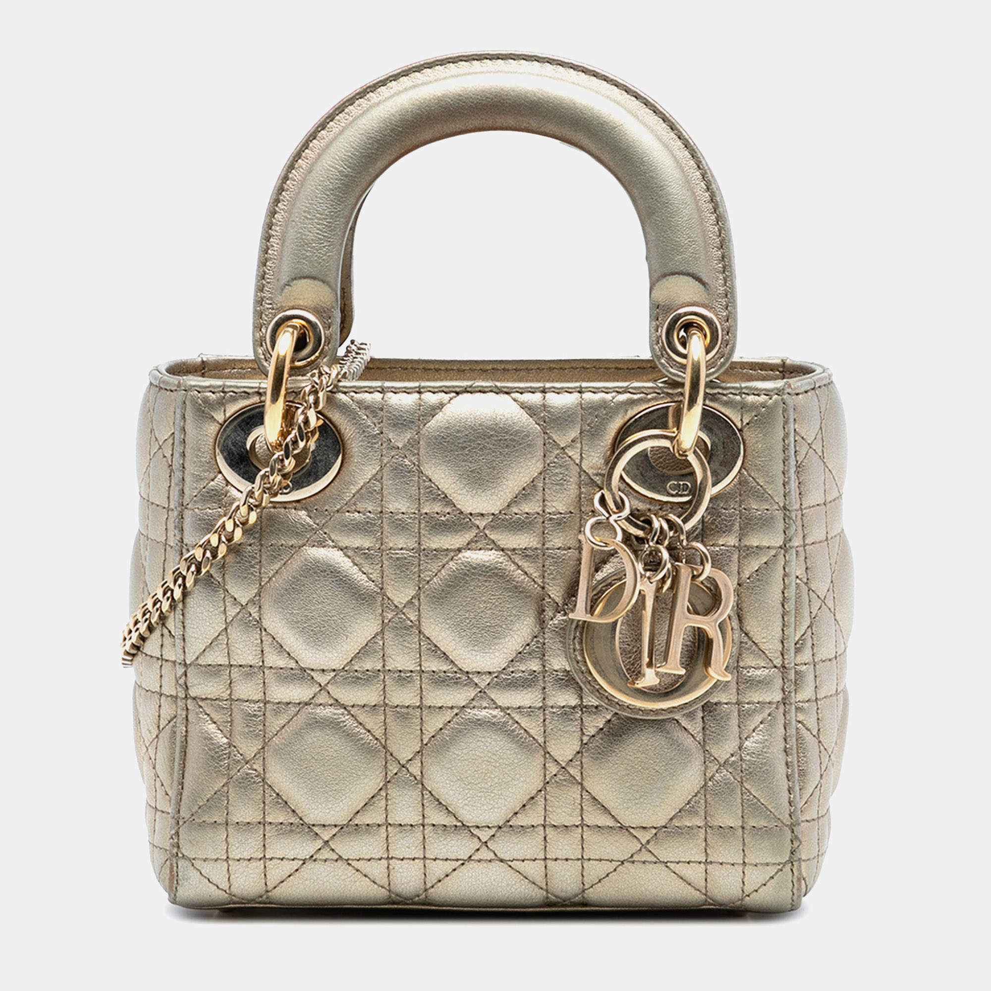 Pre Owned Dior Gold Mini Metallic Lambskin Cannage Lady Dior