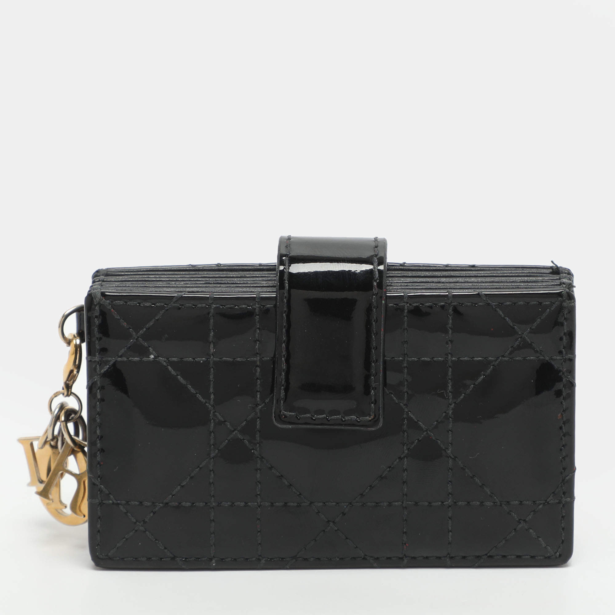Pre Owned Dior Lady Dior Black Cannage Patent Leather Gusset Card Holder