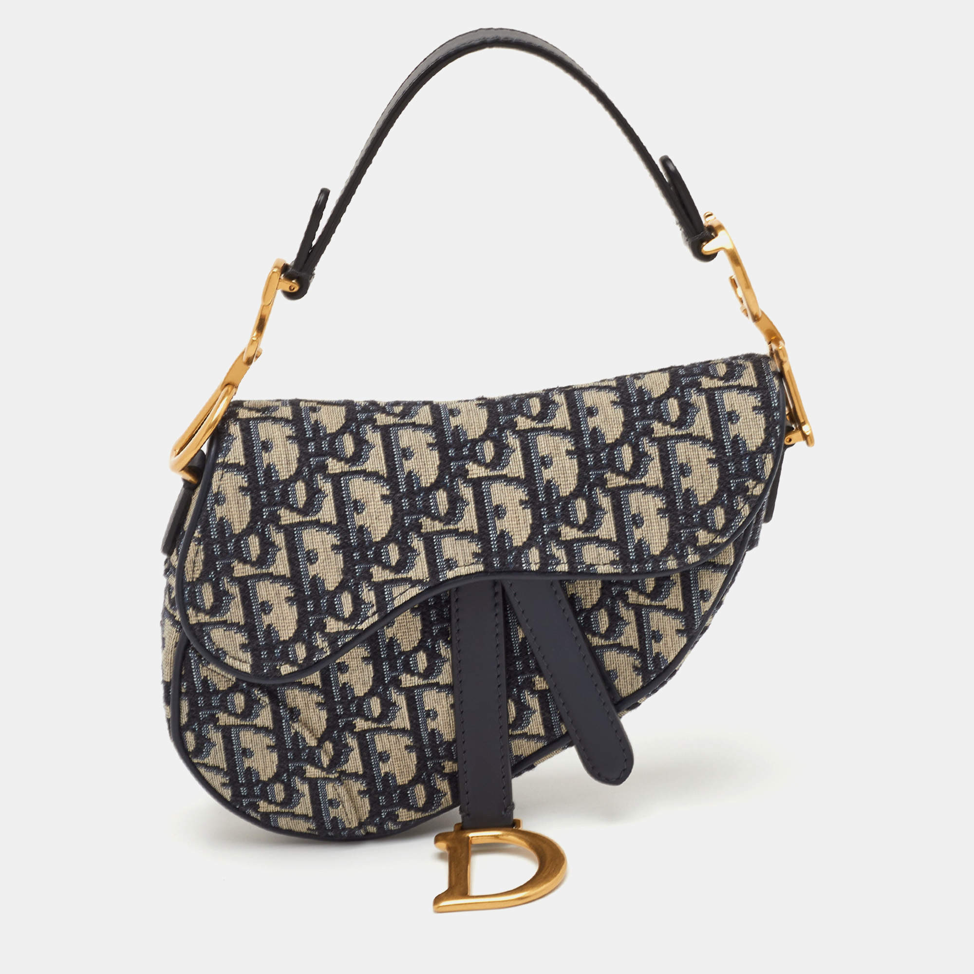 Pre Owned Dior Saddle Mini Navy Blue Oblique Canvas and Leather Bag