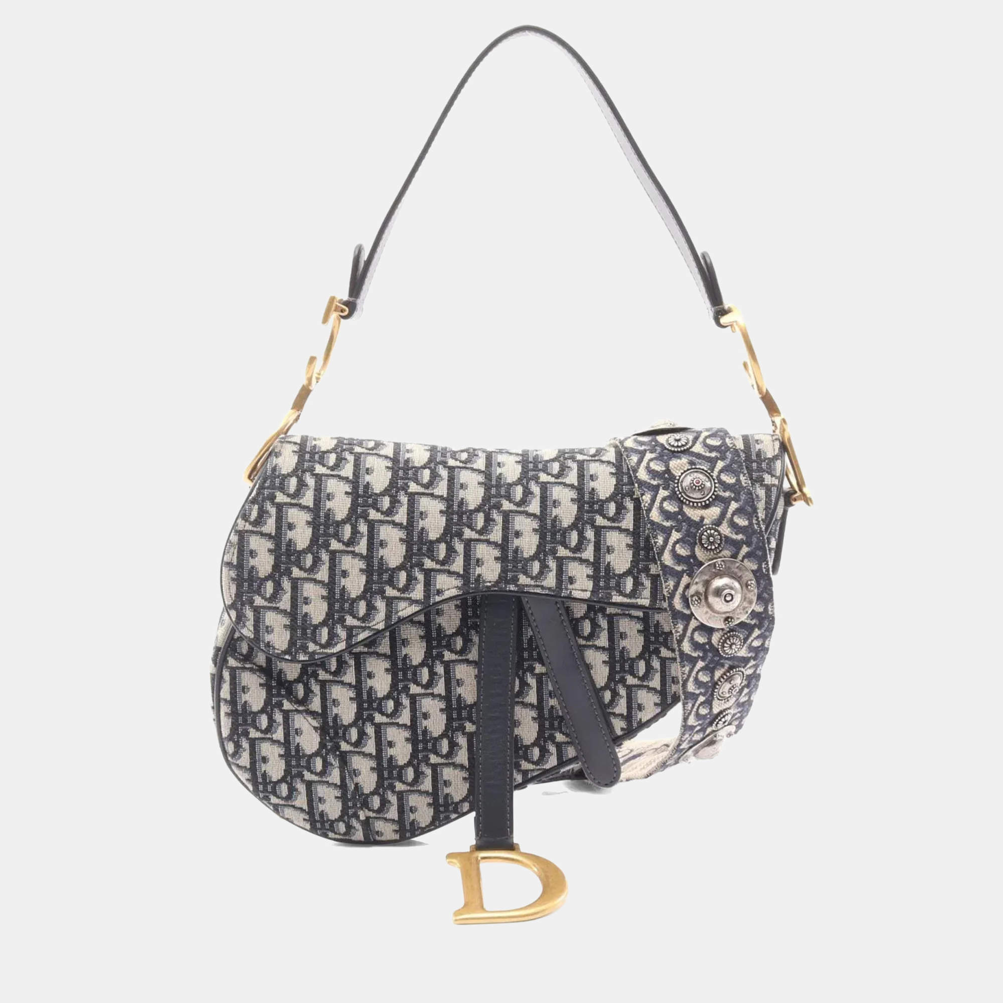 مملوكة مسبقًا Christian Dior Dior Saddlebag Oblique Jacquard Handbag Canvas And Leather Beige Navy Black