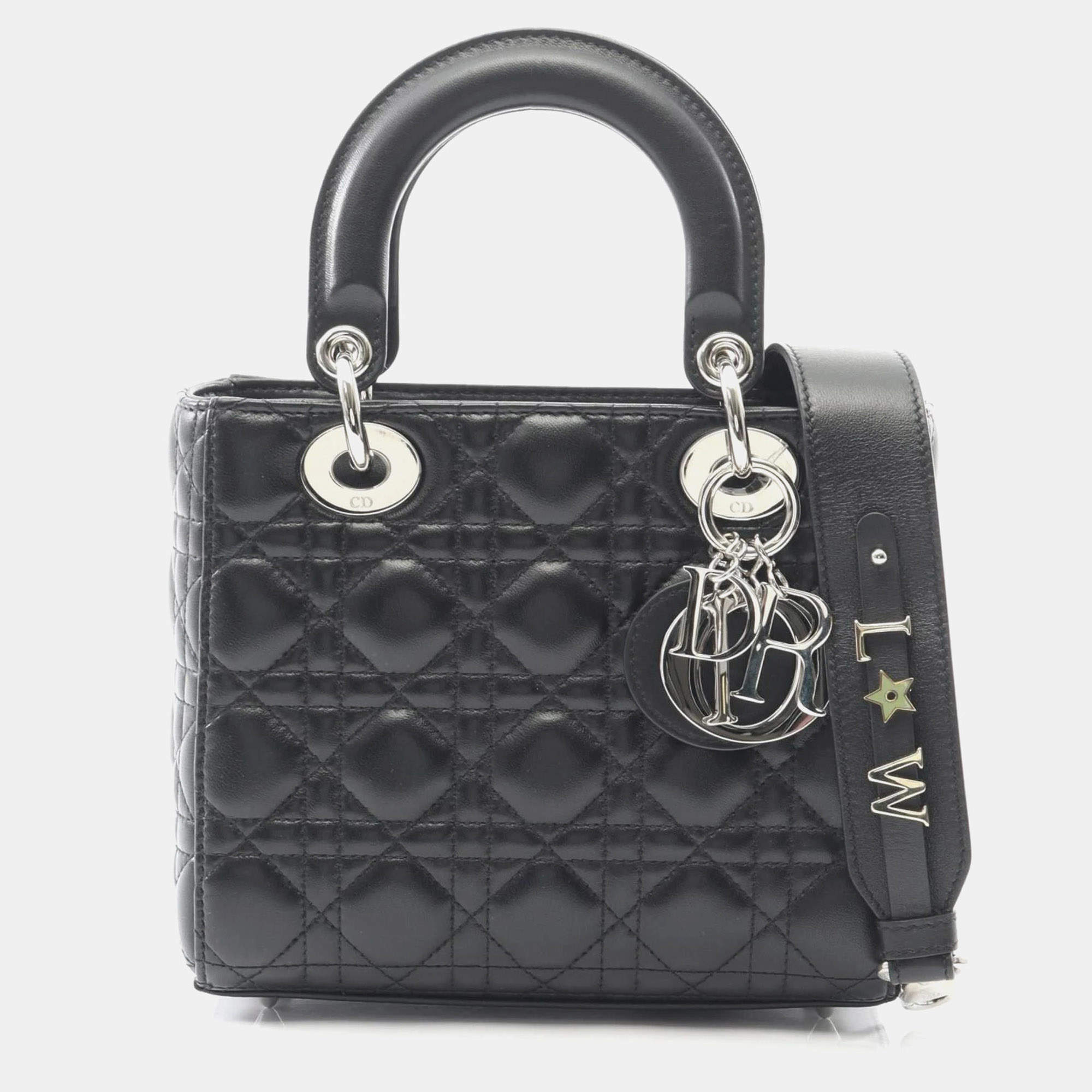Pre Owned Christian Dior Dior Lady Dior My Abcdior Lady Small Cannage Handbag Leather Black