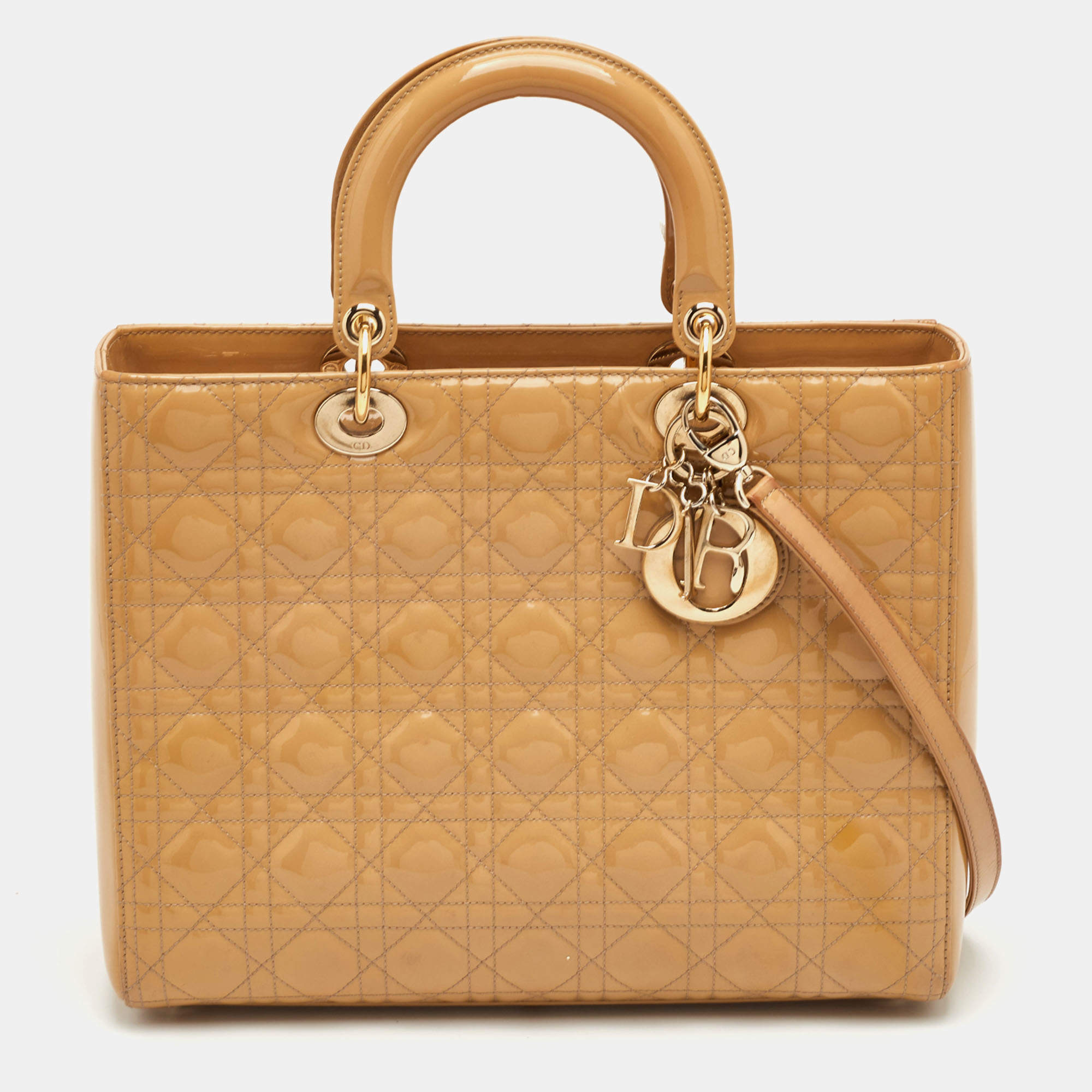 Pre Owned Dior Lady Dior Large Beige Cannage Patent Leather Tote