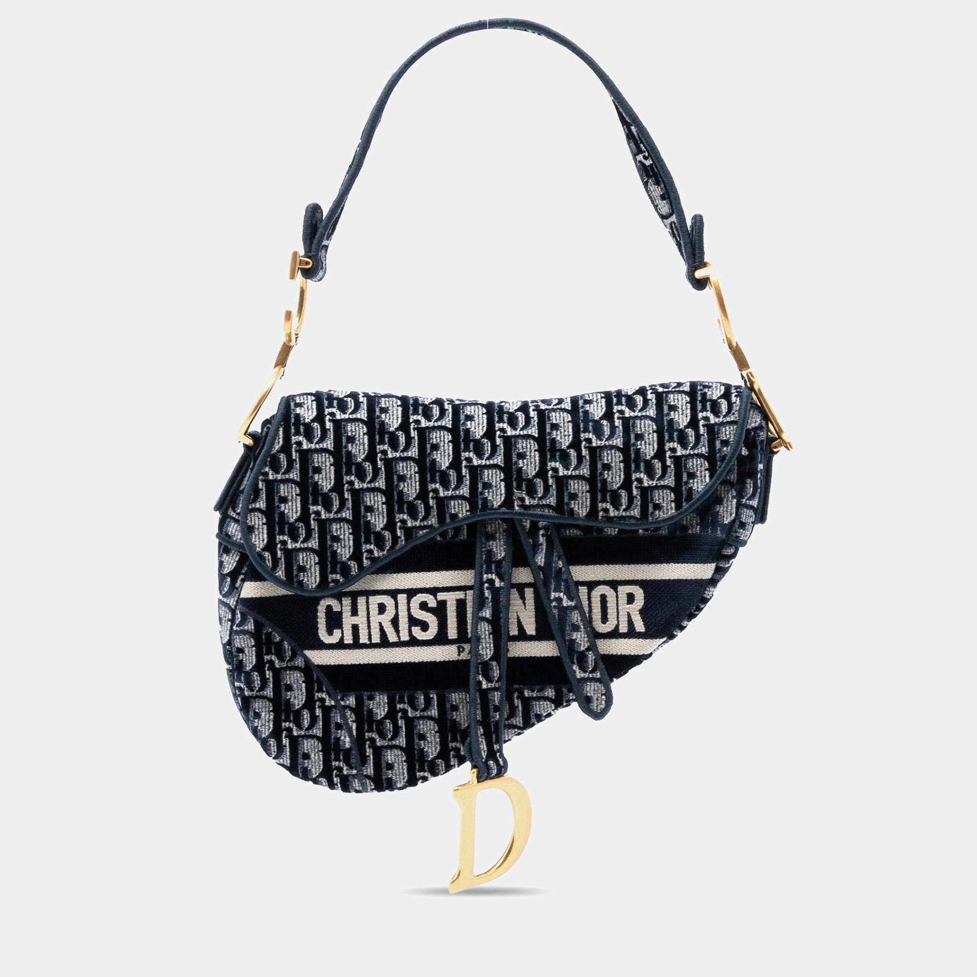 Pre Owned Dior Blue Oblique Embroidered Canvas Saddle Bag