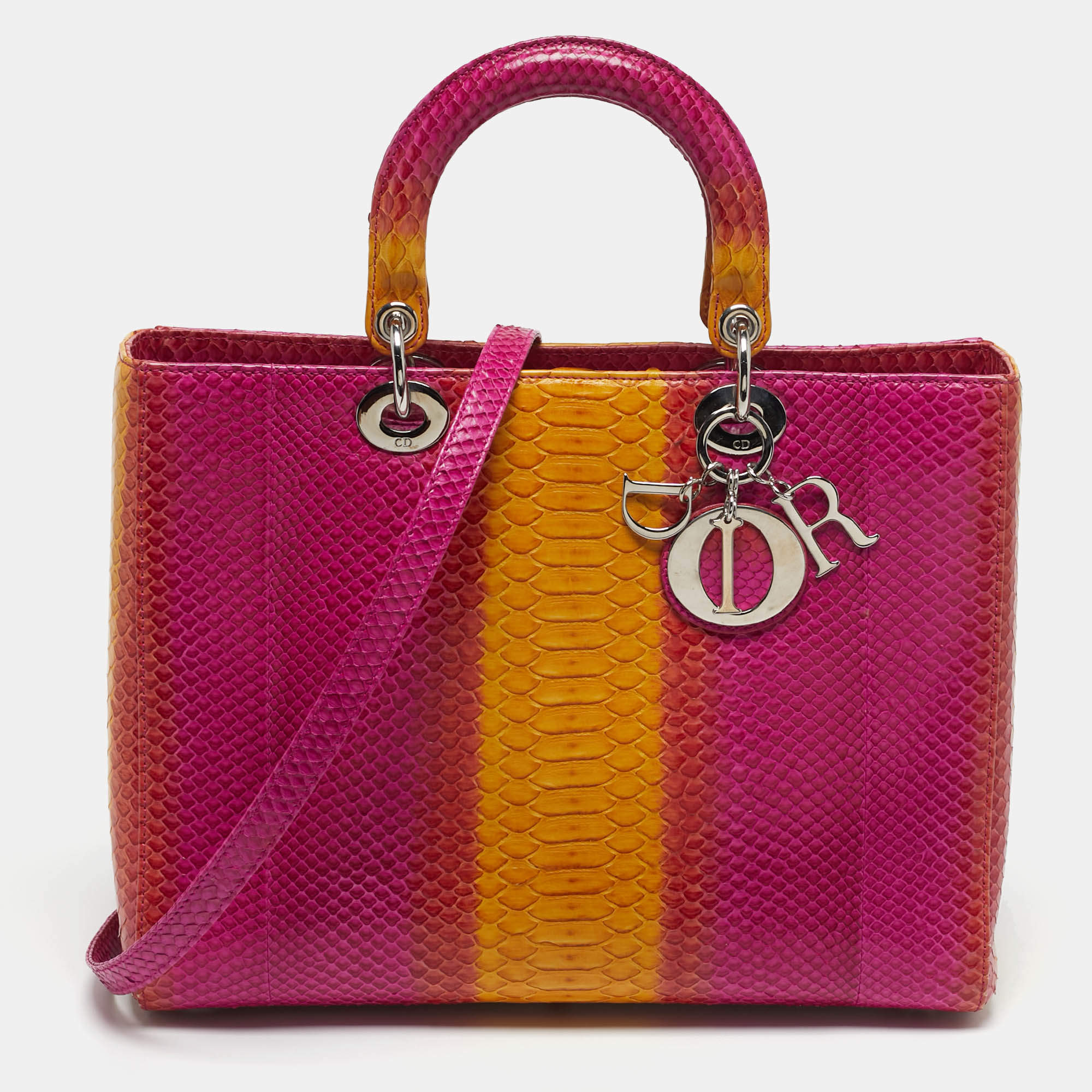 Pre Owned حقيبة يد توتس ديور ليدي ديور كبيرة جلد بايثون ثلاثي الألوان