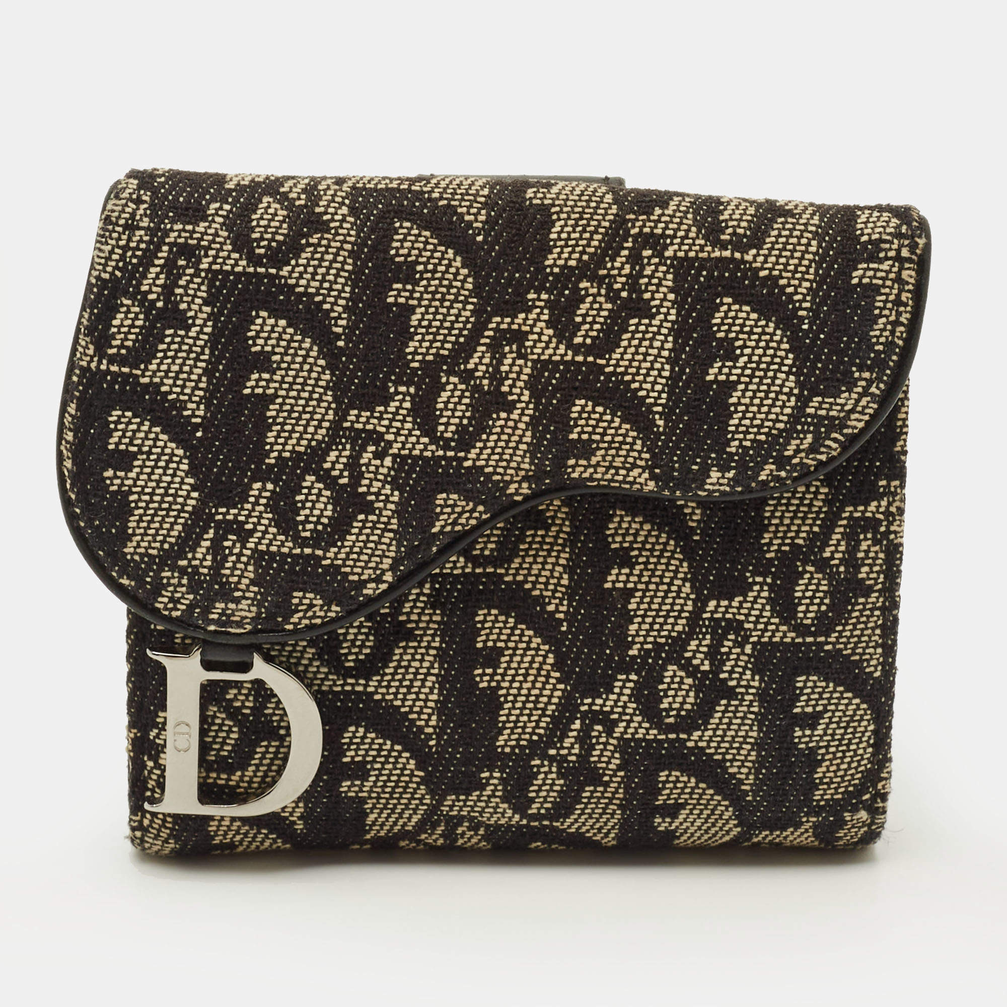 Pre Owned Dior Saddle Black Oblique Canvas and Leather French Wallet