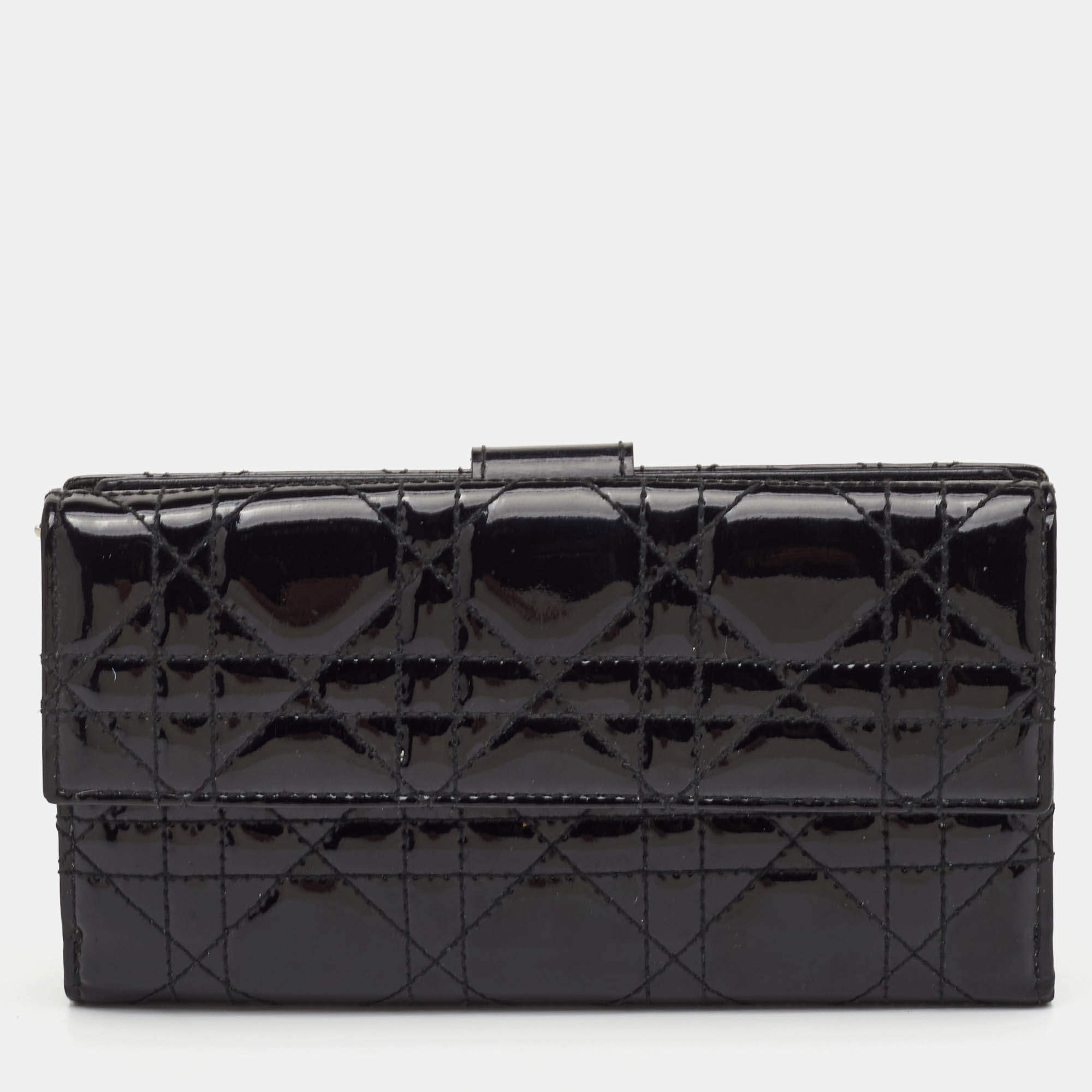Pre Owned Dior Lady Dior Black Cannage Patent Leather Long Continental Wallet