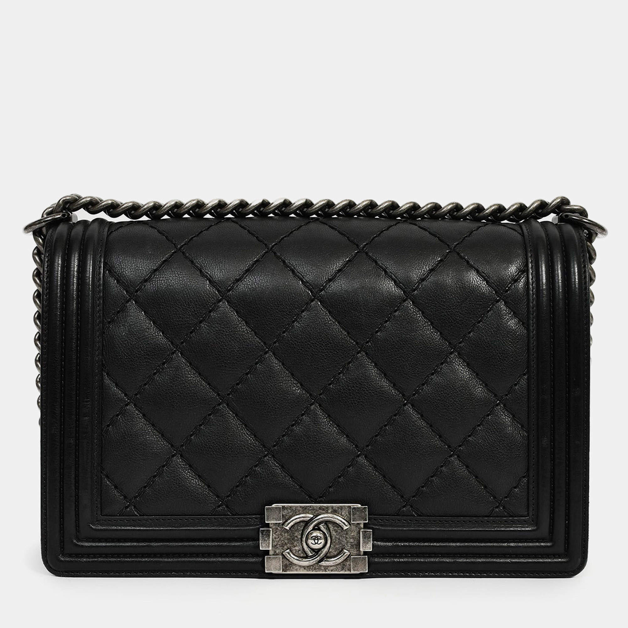 Pre Owned Chanel 2013-14 Black Quilted Calfskin Large Boy Bag