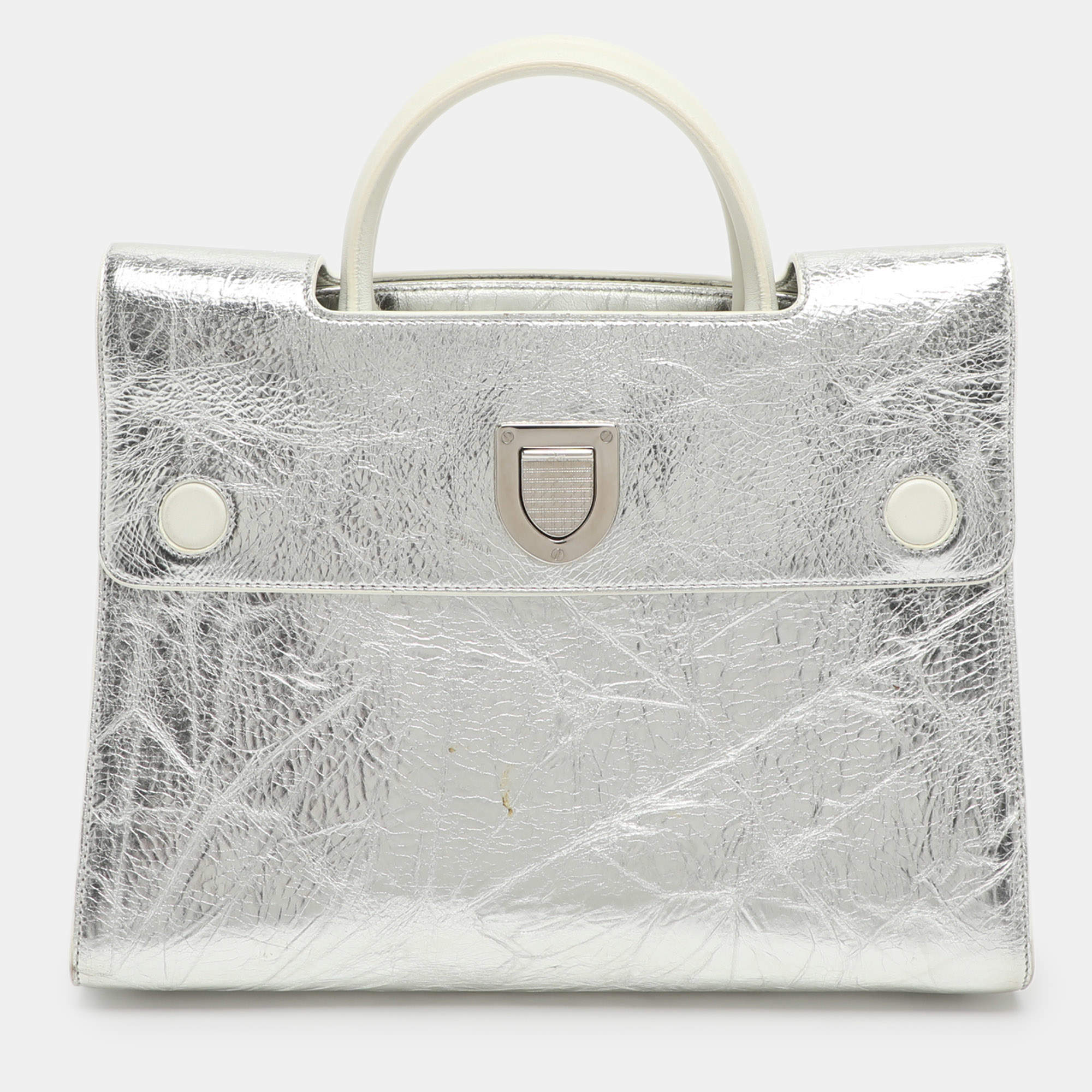 Pre Owned Dior Diorever Medium Silver Crinkled Leather Tote