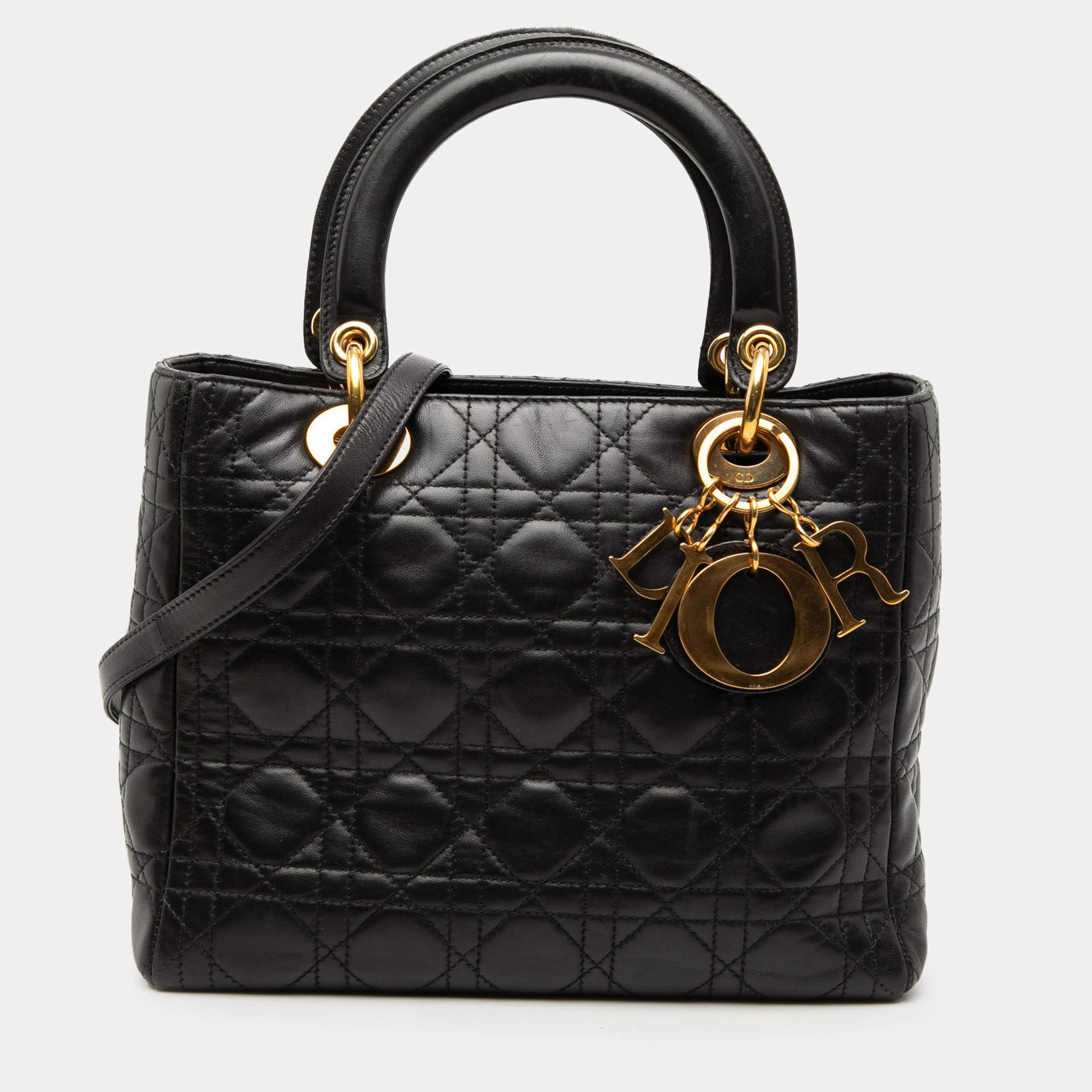 Pre Owned Dior Black Medium Lambskin Cannage Lady Dior