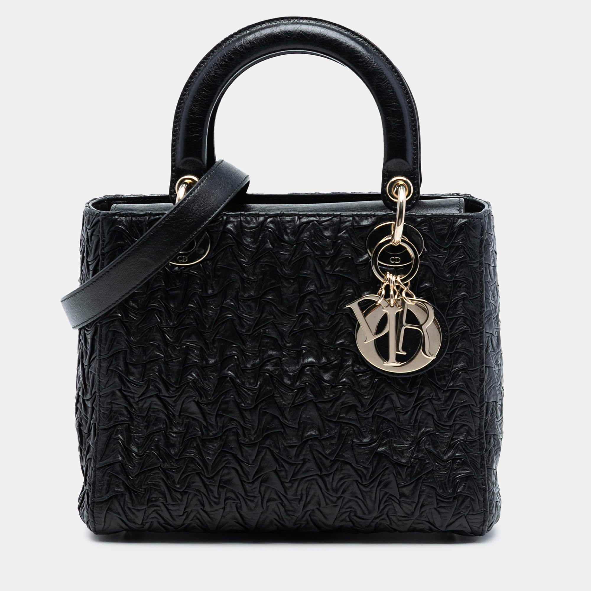 Pre Owned حقيبة ديور ليدي ديور مضلعة متموجة متوسطة الحجم جلد خروف أسود