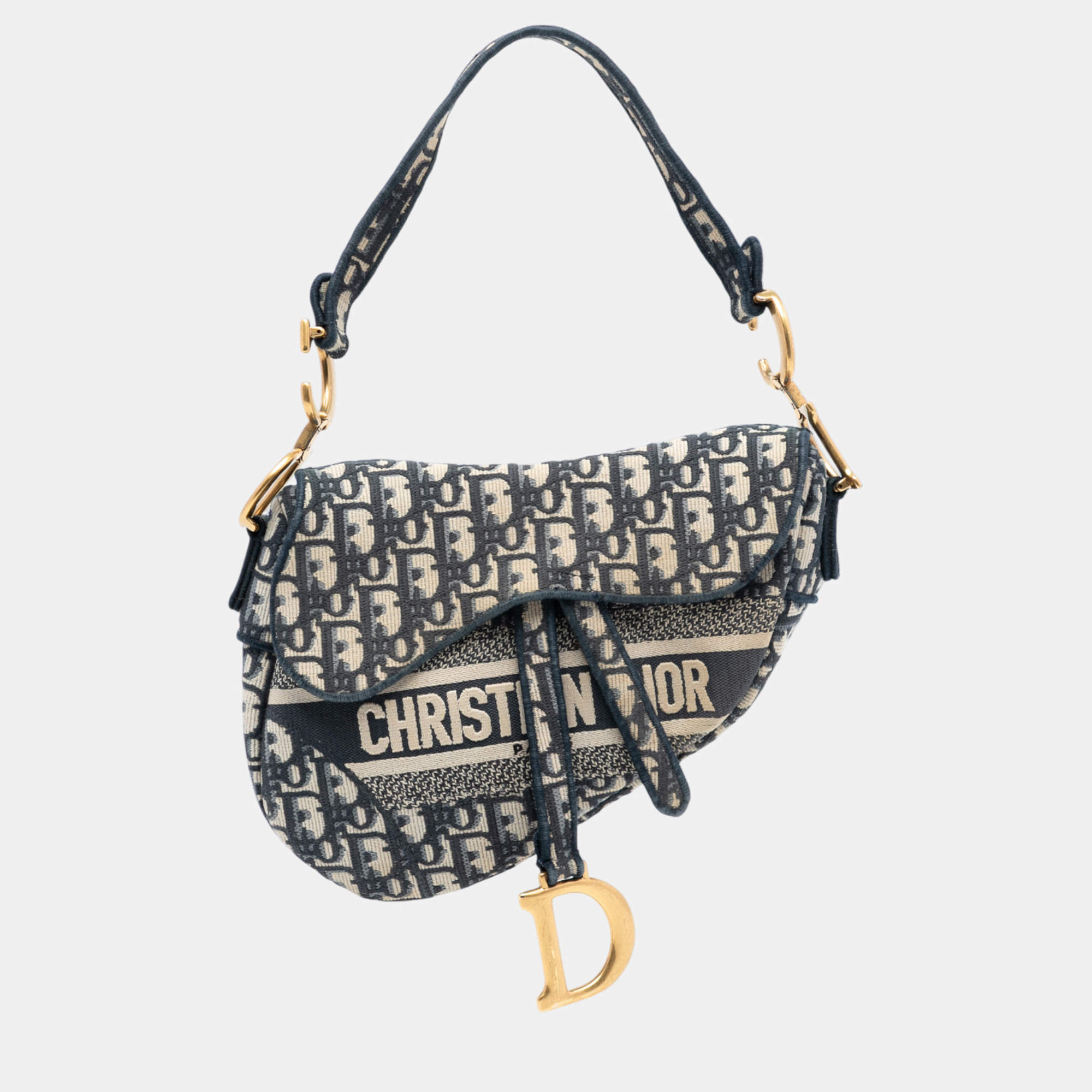 Pre Owned Dior Blue Oblique Embroidered Canvas Saddle Bag