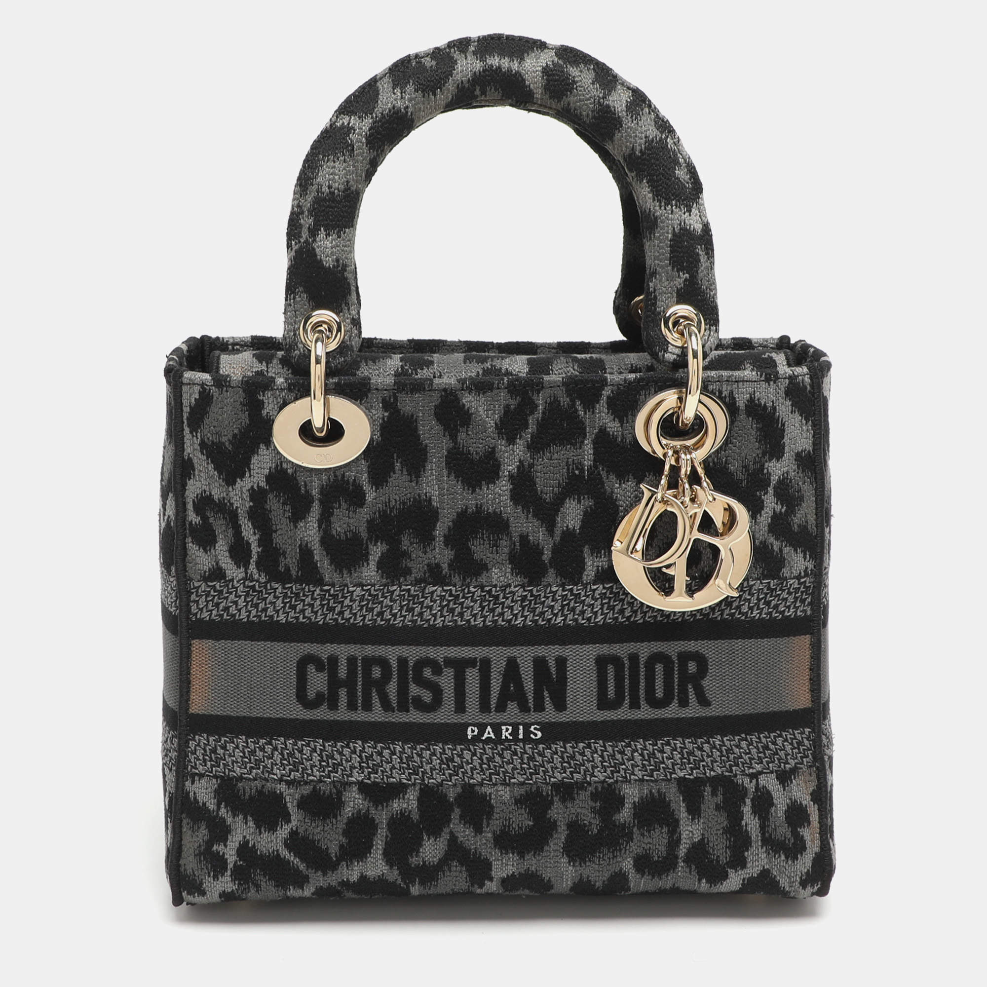 Pre Owned Dior Lady D-Lite Medium Grey Leopard Print Canvas Tote