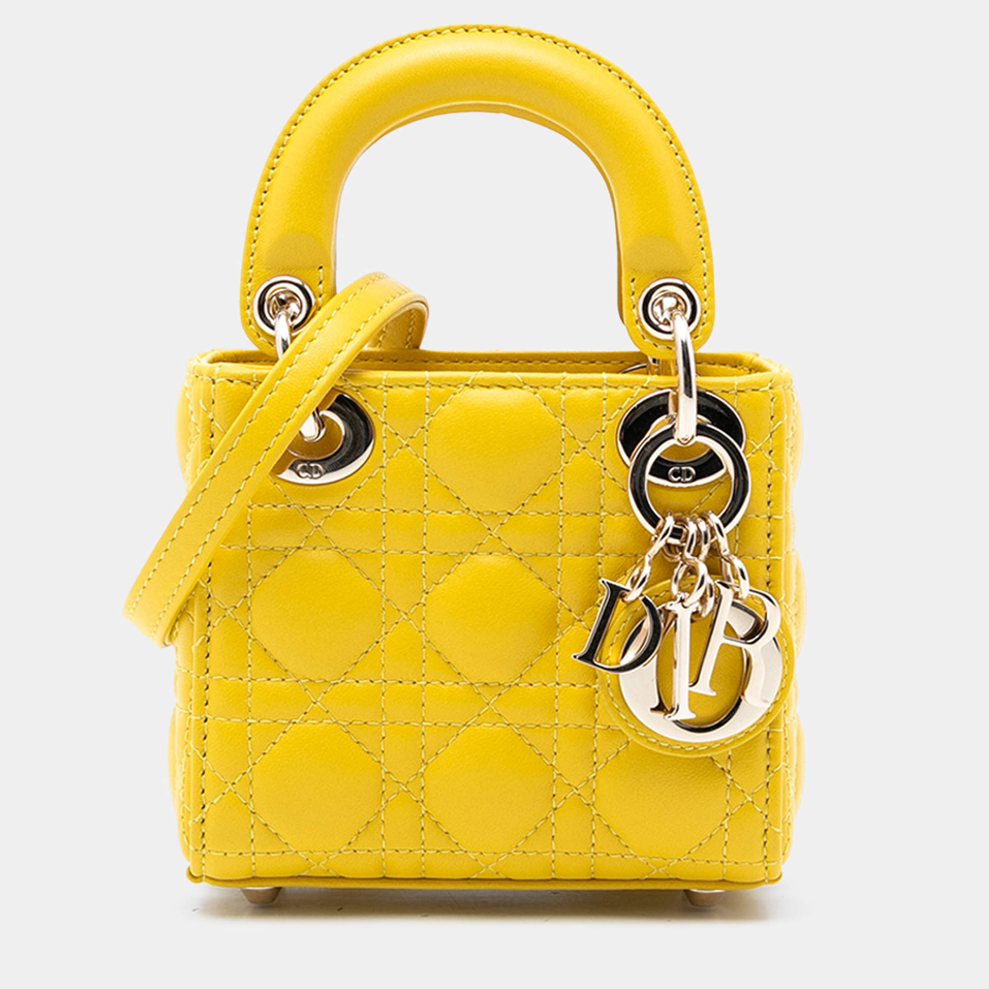 Pre Owned Dior Yellow Micro Lambskin Cannage Lady Dior