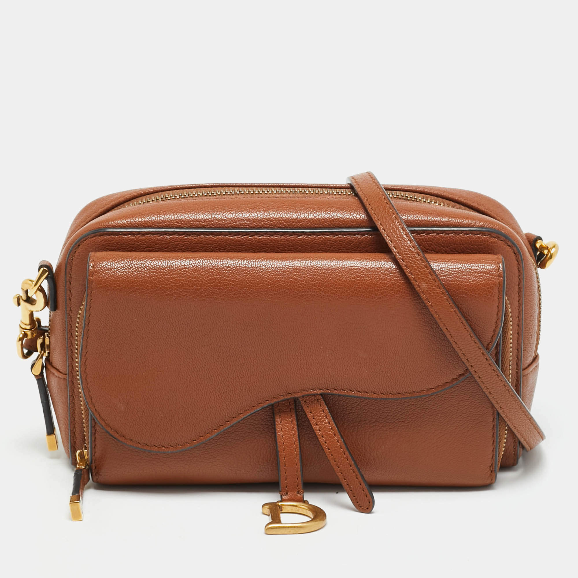 Pre Owned حقيبة كروس بودي مزدوجة الجيوب جلد بني ديور سادل