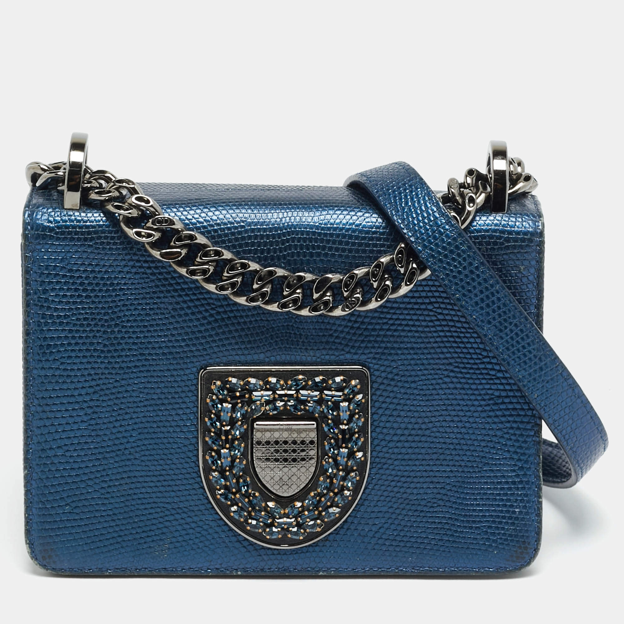مملوكة مسبقًا Dior Diorama Club Metallic Blue Lizard Shoulder Bag