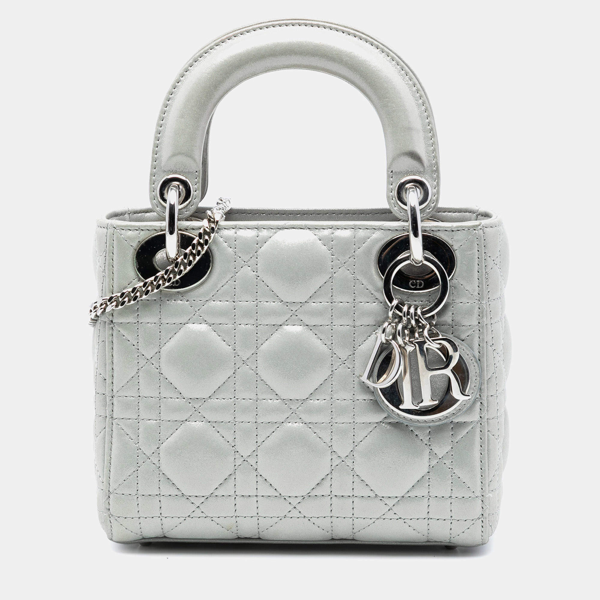 Pre Owned Dior Silver Mini Iridescent Lambskin Cannage Lady Dior