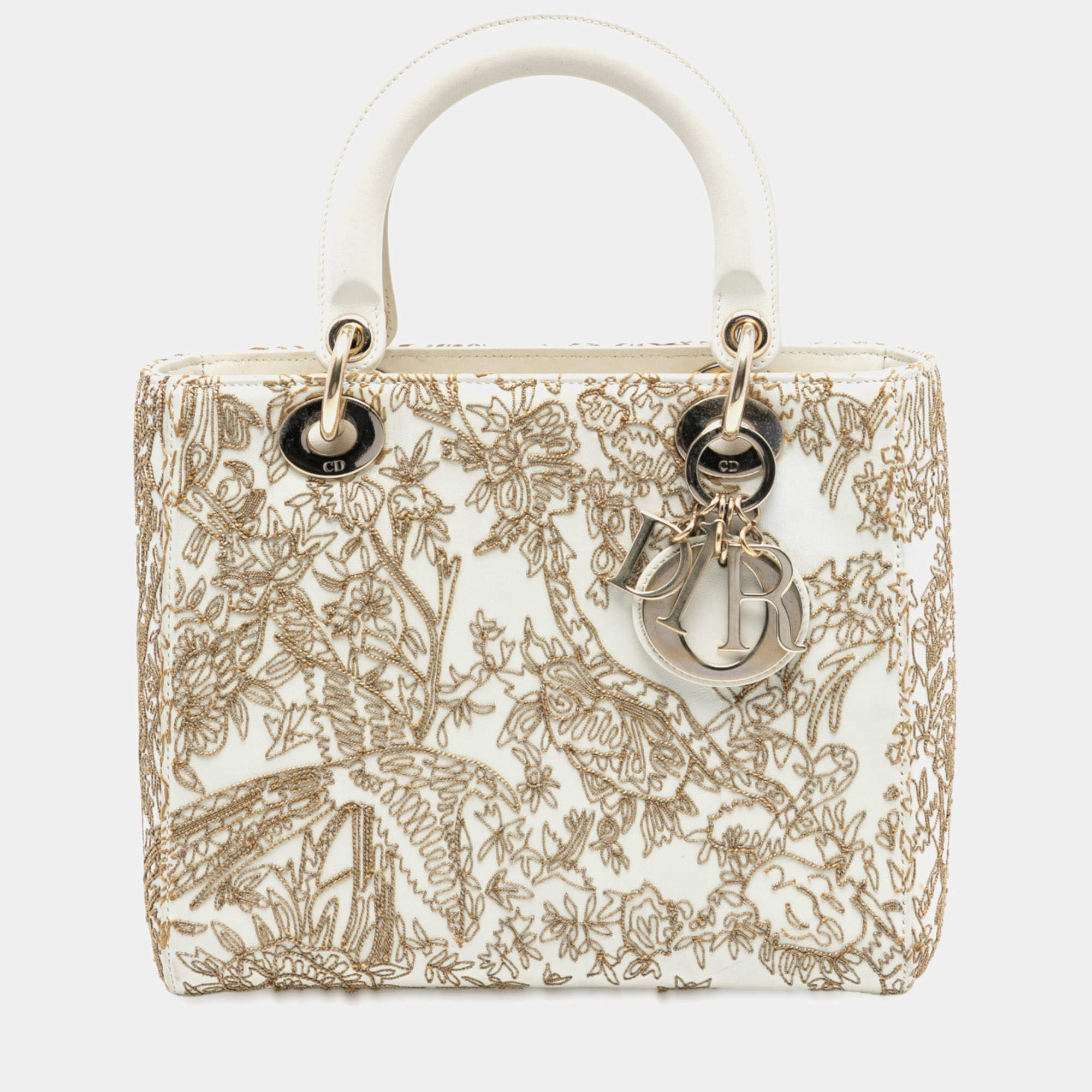 Pre Owned Dior Beige Medium Calfskin Embroidered Astrology Lady Dior