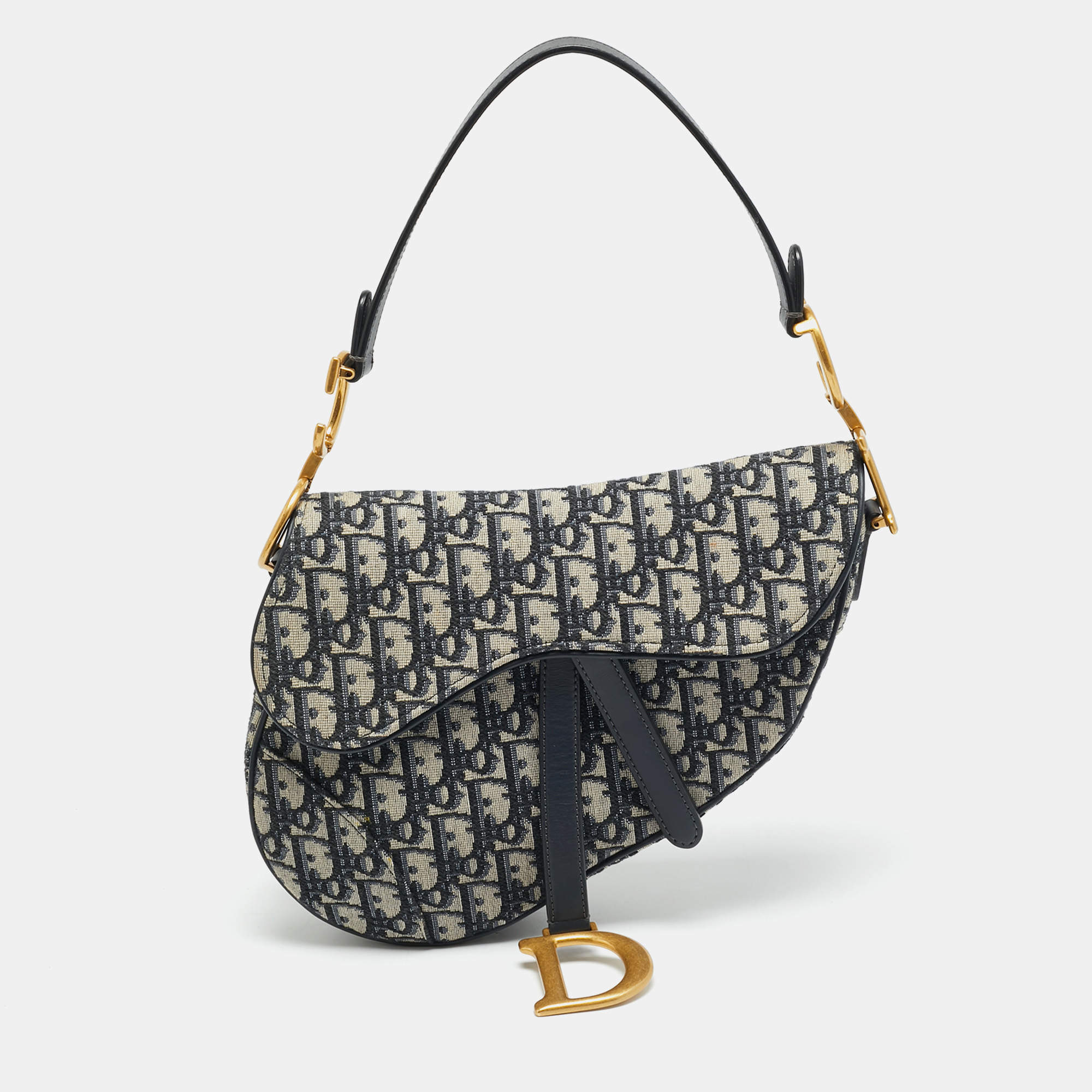 Pre Owned Dior Saddle Navy Blue Oblique Canvas Shoulder Bag