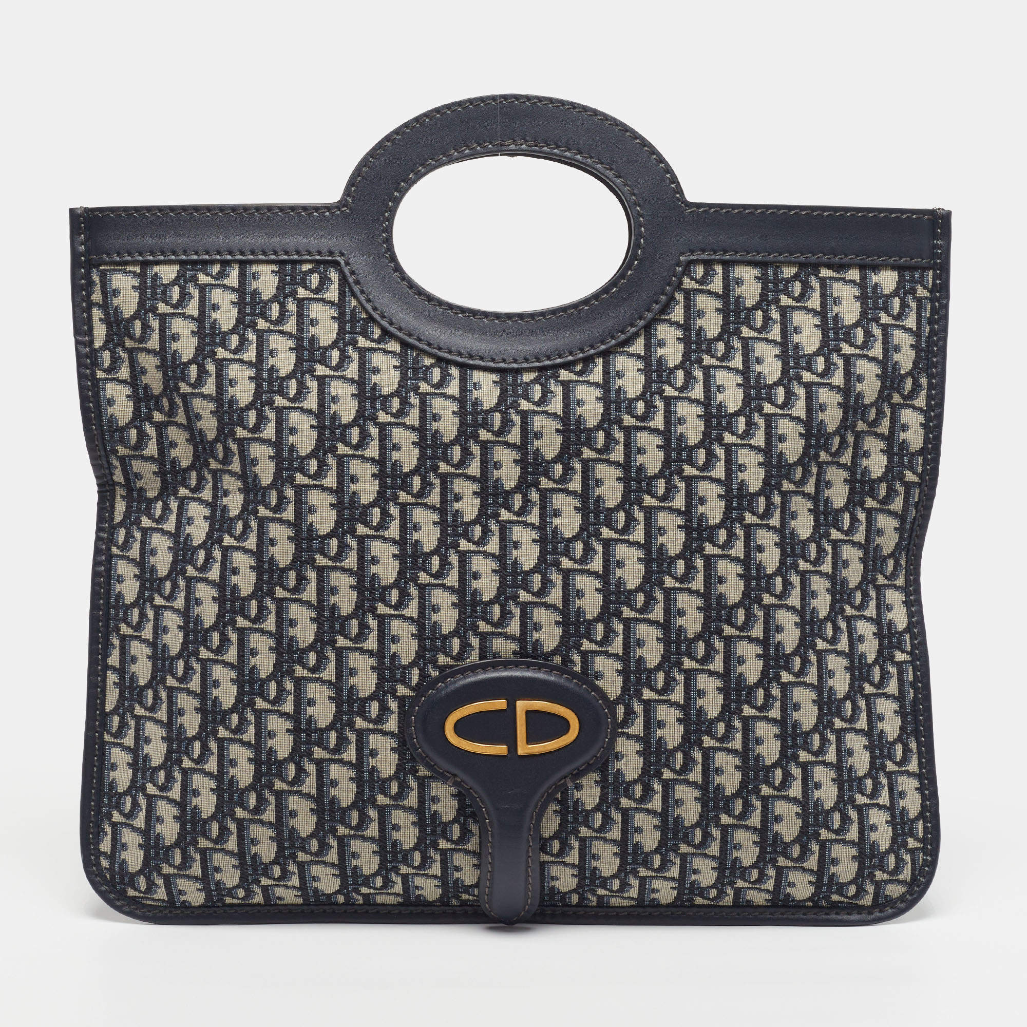 Pre Owned Dior Navy Blue Oblique Canvas and Leather Fold Over Clutch