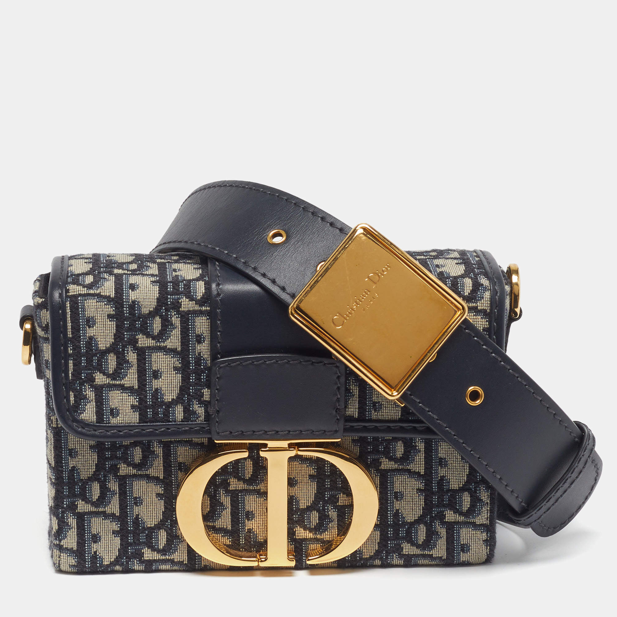 Pre Owned Dior 30 Montaigne Navy Blue Oblique Canvas Box Bag