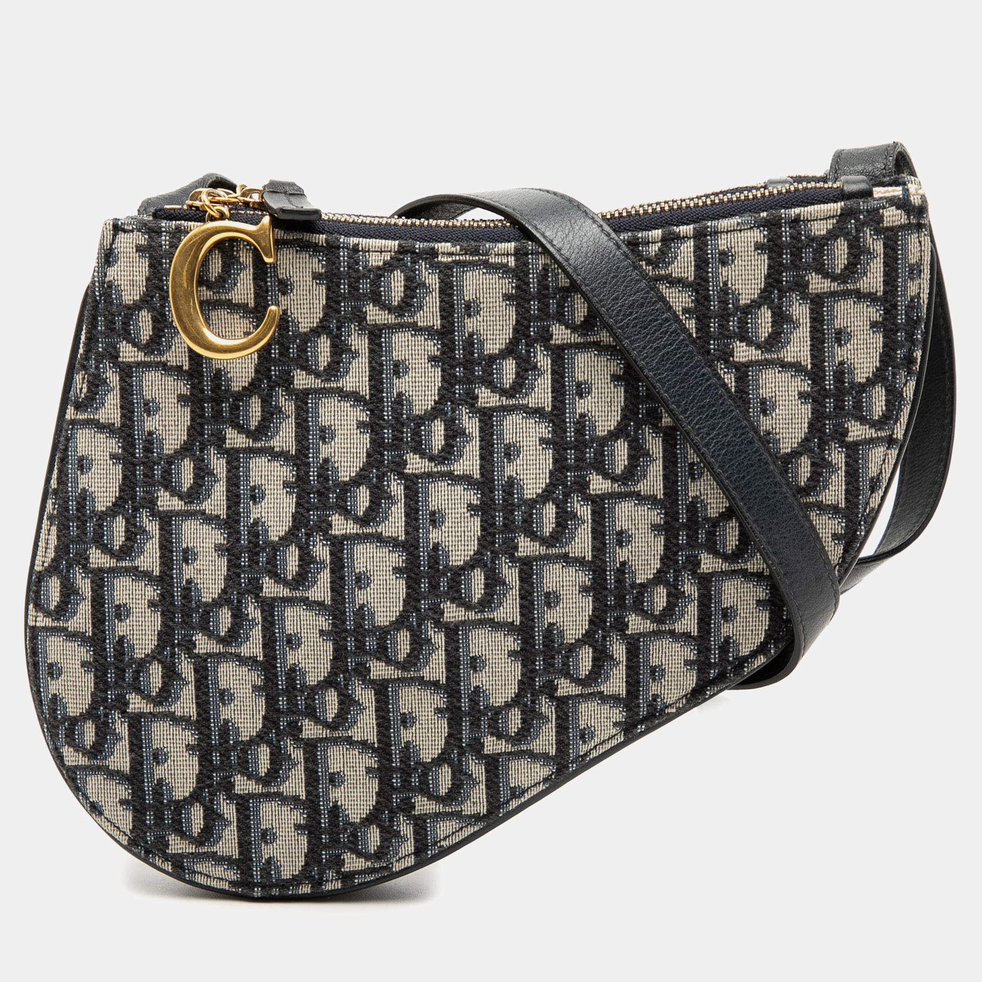 Pre Owned Dior Blue Oblique Canvas Saddle Triple Zip Crossbody