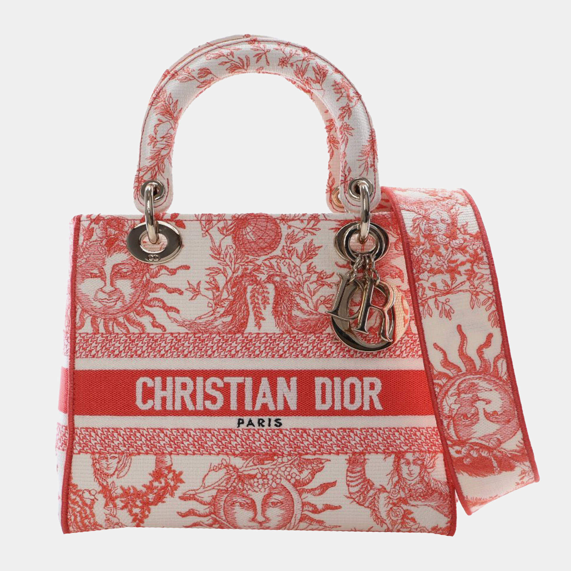 Pre Owned حقيبة ديور ليدي دي لايت تول دو جوي متوسط مطرز قماش أحمر أبيض سولاي