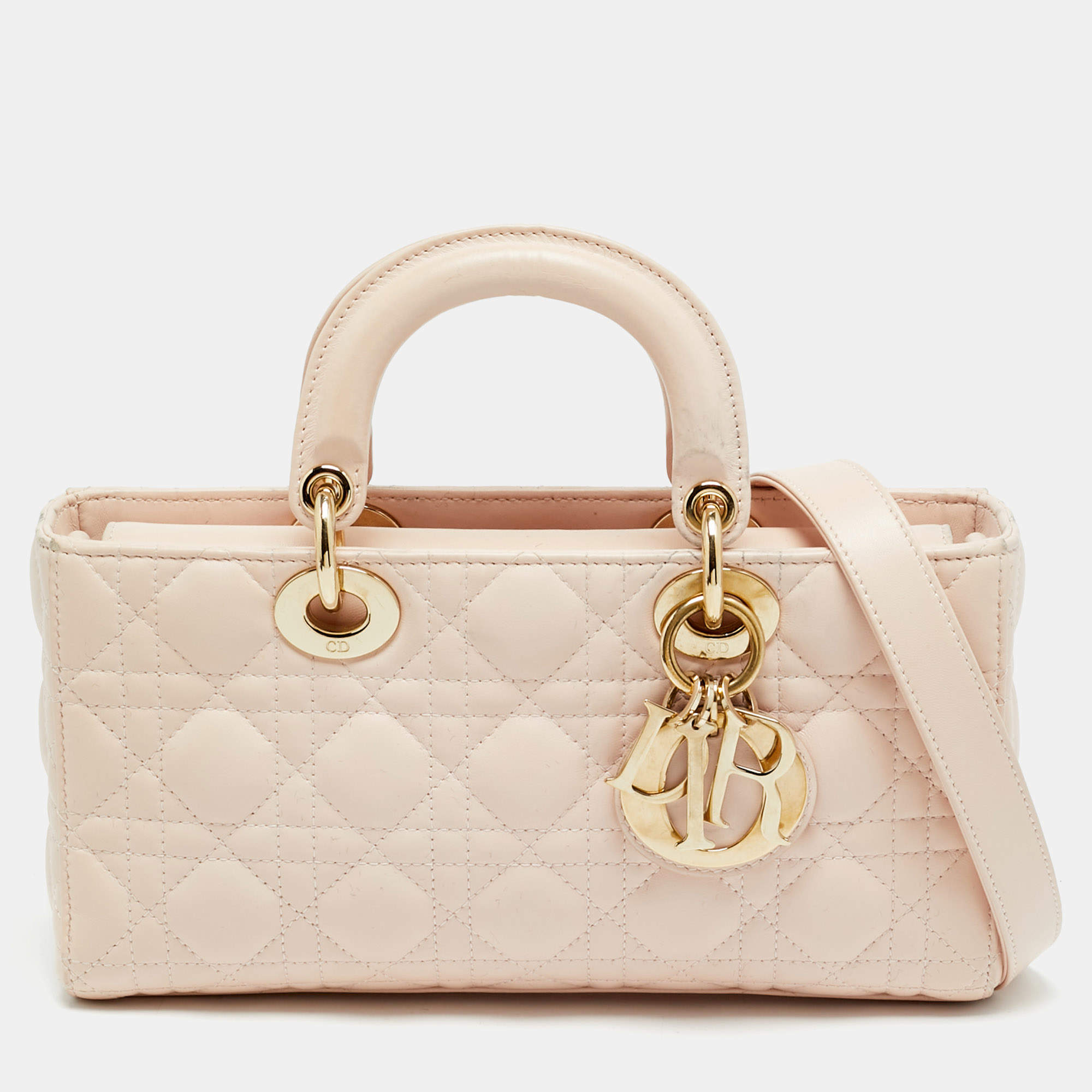 Pre Owned حقيبة يد ديور ليدي دي جوي متوسطة جلد كاناج زهري فاتح